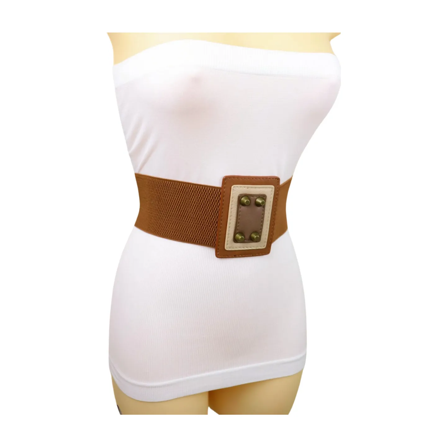 Women Brown Wide Elastic Fashion Belt Geometric Square Antique Gold Studs Size S M