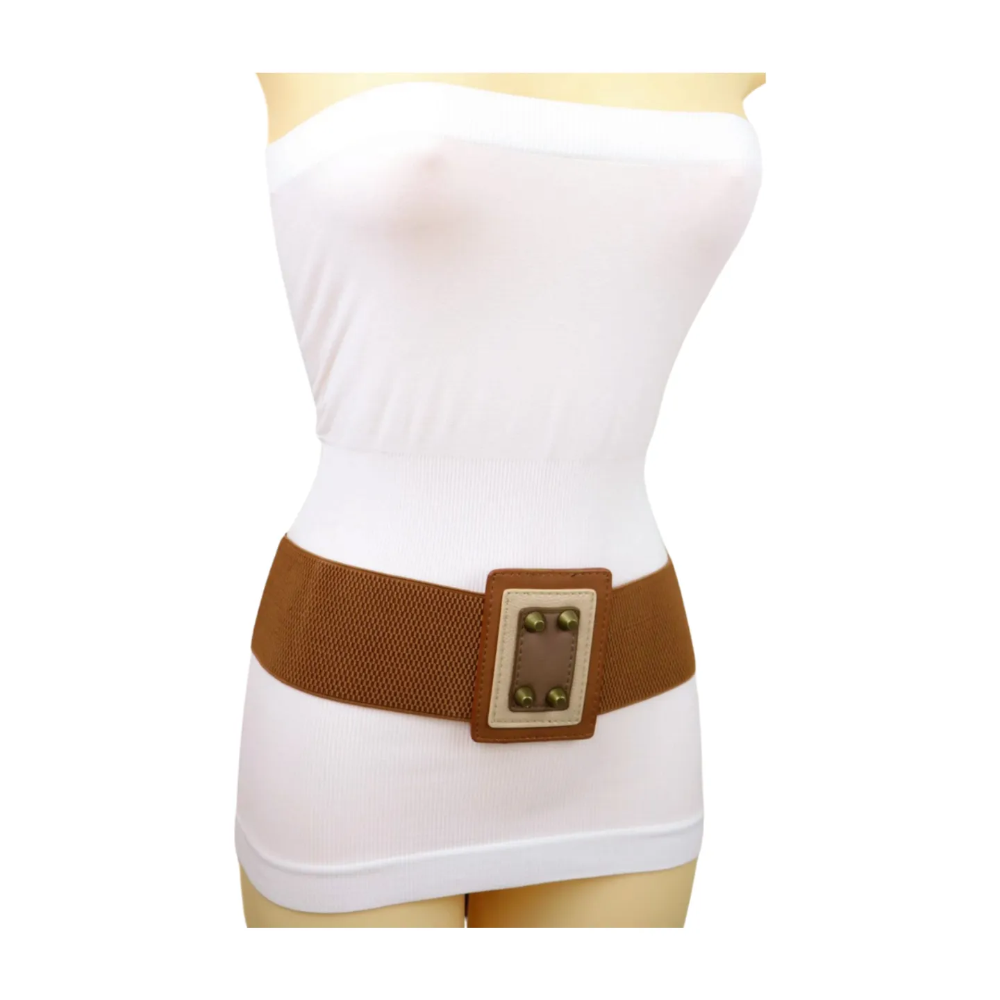 Women Brown Wide Elastic Fashion Belt Geometric Square Antique Gold Studs Size S M