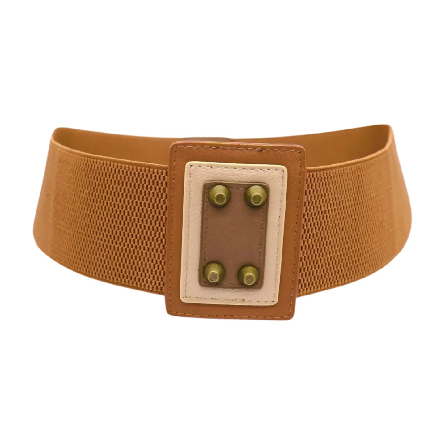 Women Brown Wide Elastic Fashion Belt Geometric Square Antique Gold Studs Size S M
