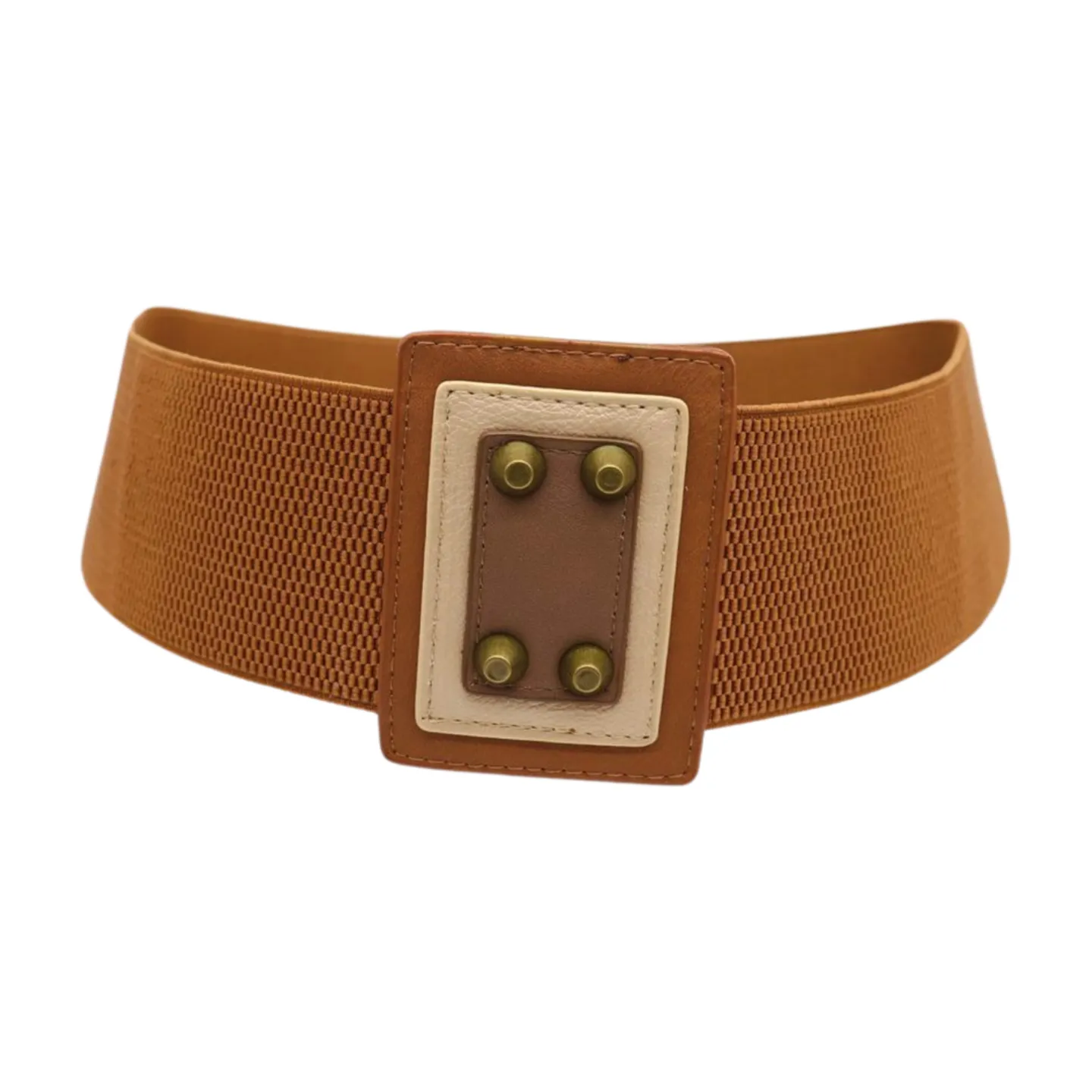 Women Brown Wide Elastic Fashion Belt Geometric Square Antique Gold Studs Size S M