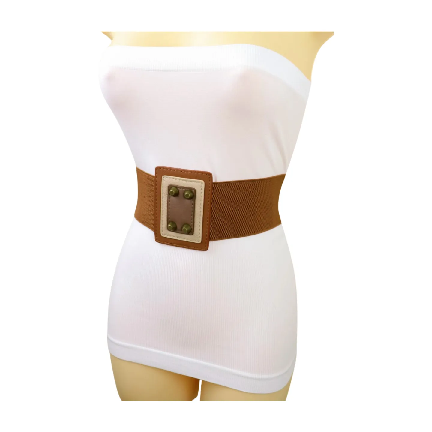 Women Brown Wide Elastic Fashion Belt Geometric Square Antique Gold Studs Size S M