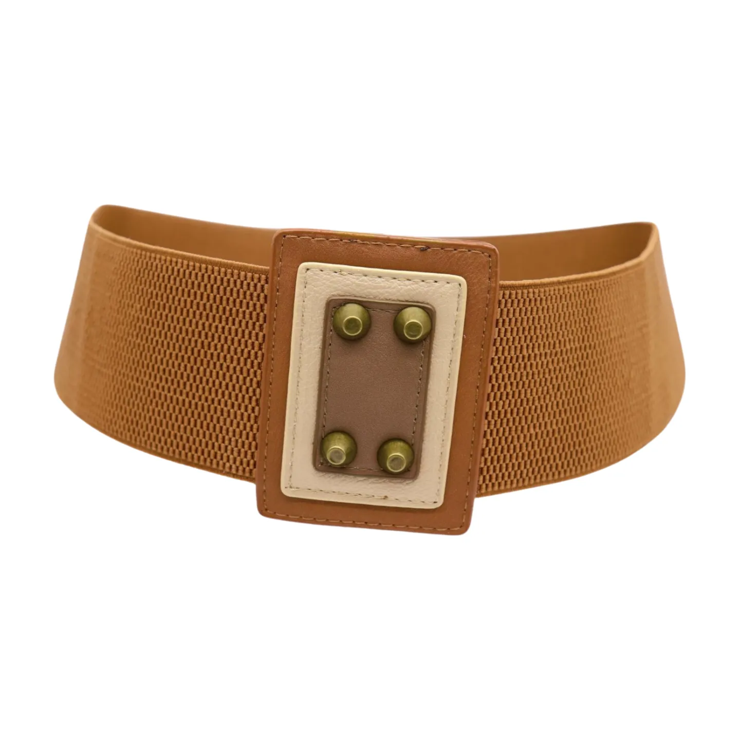 Women Brown Wide Elastic Fashion Belt Geometric Square Antique Gold Studs Size S M
