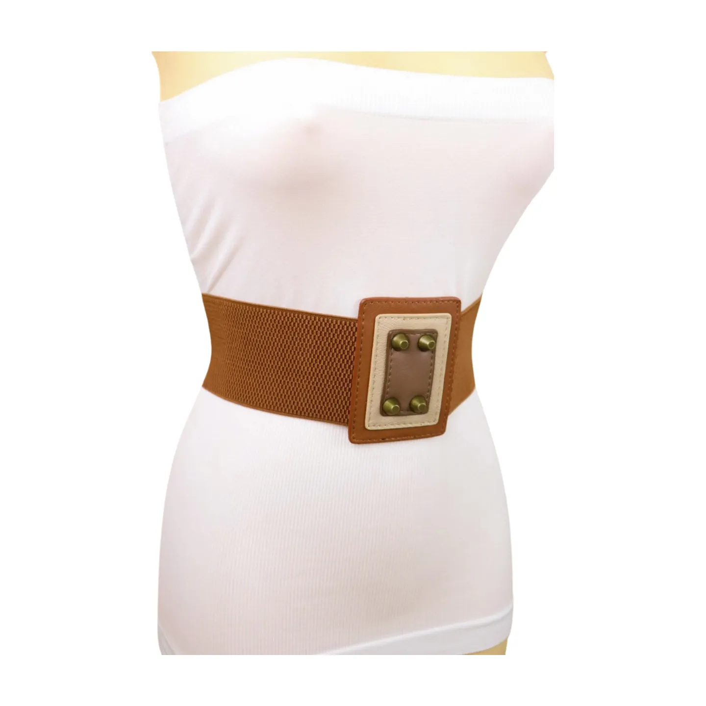 Women Brown Wide Elastic Fashion Belt Geometric Square Antique Gold Studs Size S M