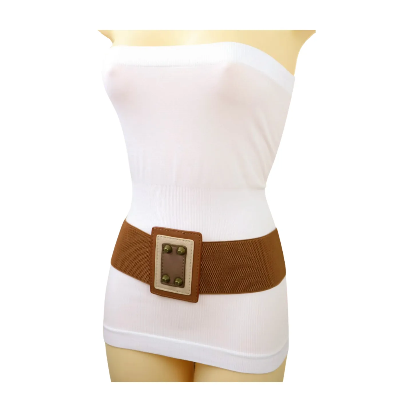 Women Brown Wide Elastic Fashion Belt Geometric Square Antique Gold Studs Size S M