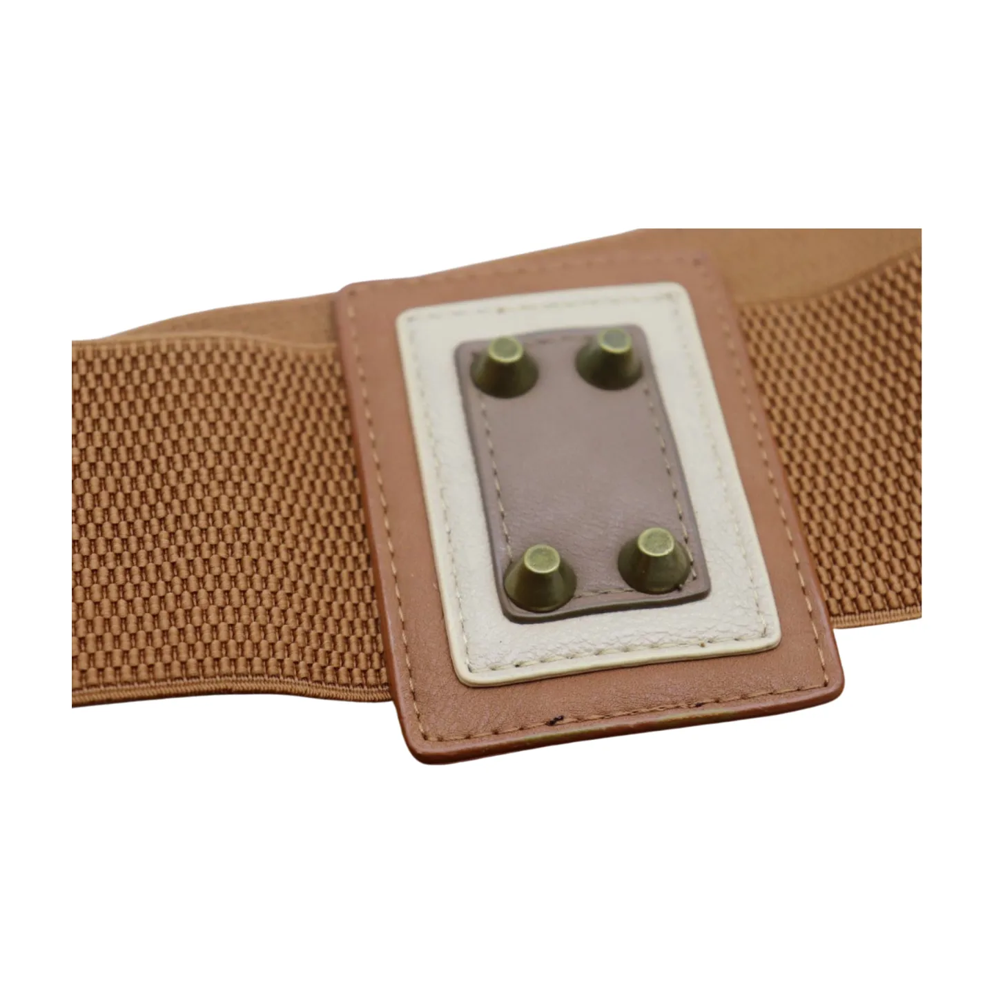Women Brown Wide Elastic Fashion Belt Geometric Square Antique Gold Studs Size S M