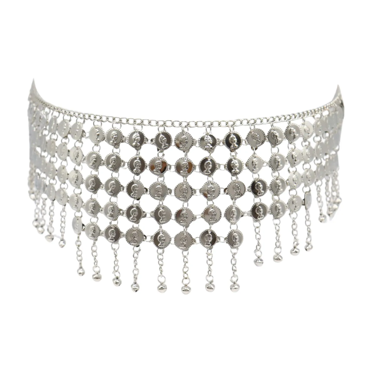 Women Ethnic Silver Metal Chain Coin Charms Belt S M