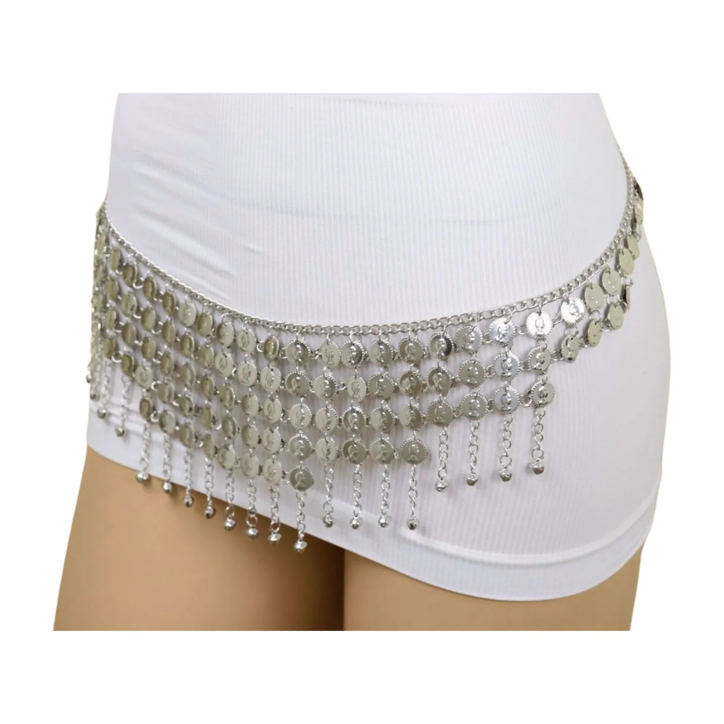 Women Ethnic Silver Metal Chain Coin Charms Belt S M
