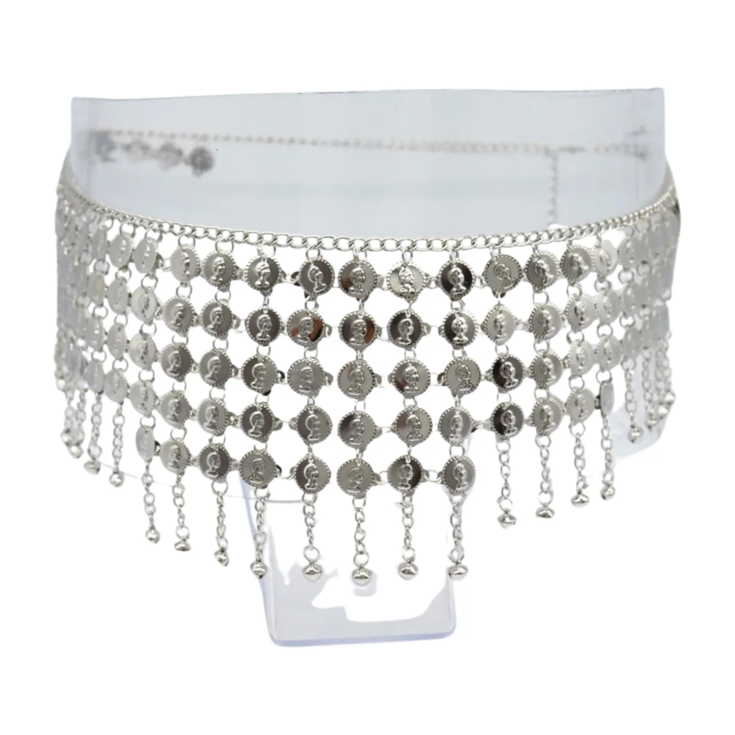 Women Ethnic Silver Metal Chain Coin Charms Belt S M