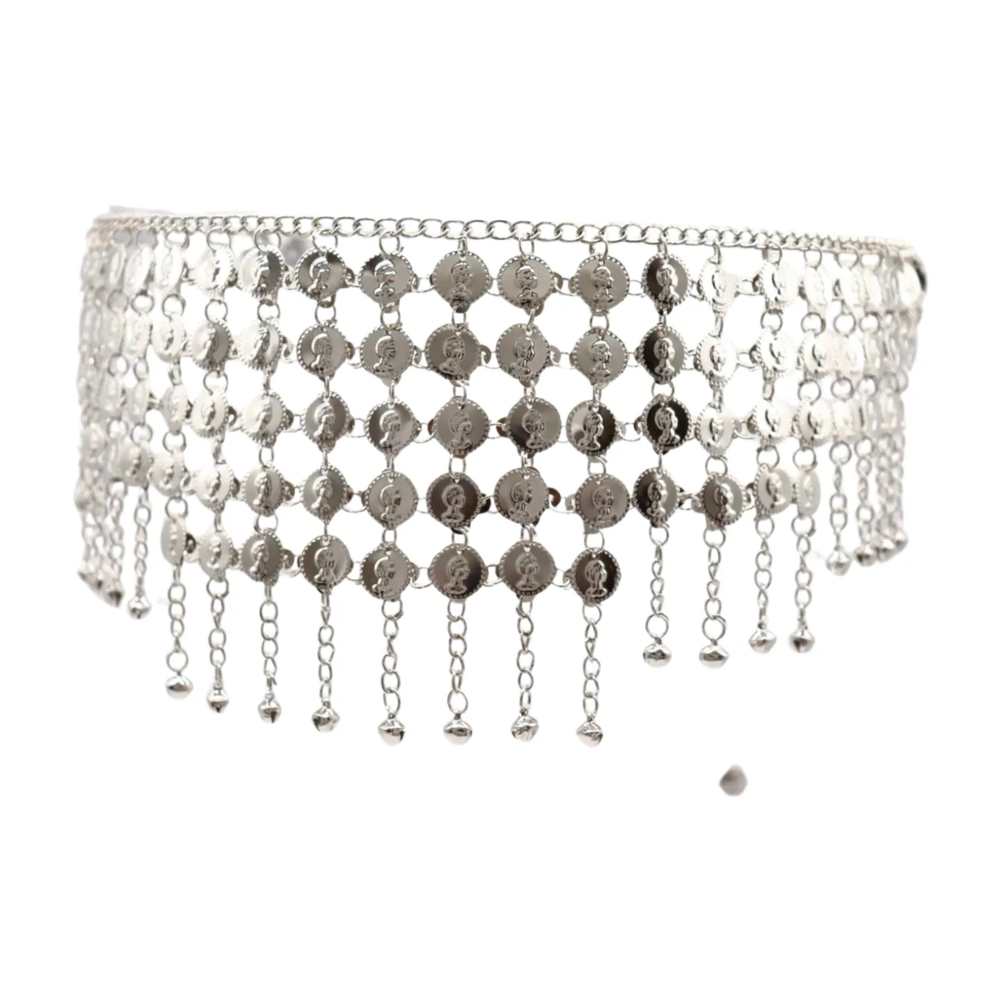 Women Ethnic Silver Metal Chain Coin Charms Belt S M