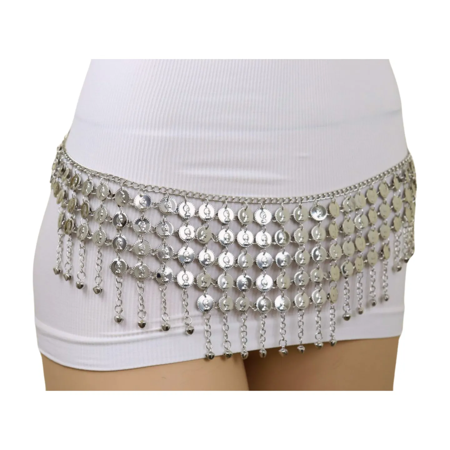 Women Ethnic Silver Metal Chain Coin Charms Belt S M