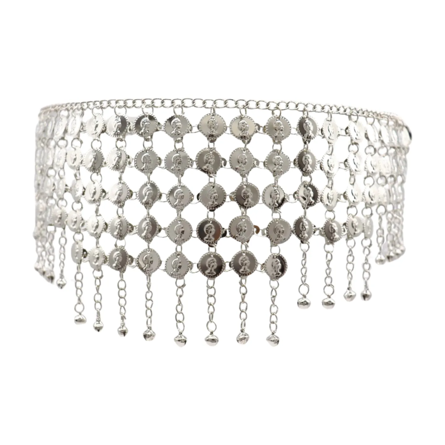 Women Ethnic Silver Metal Chain Coin Charms Belt S M