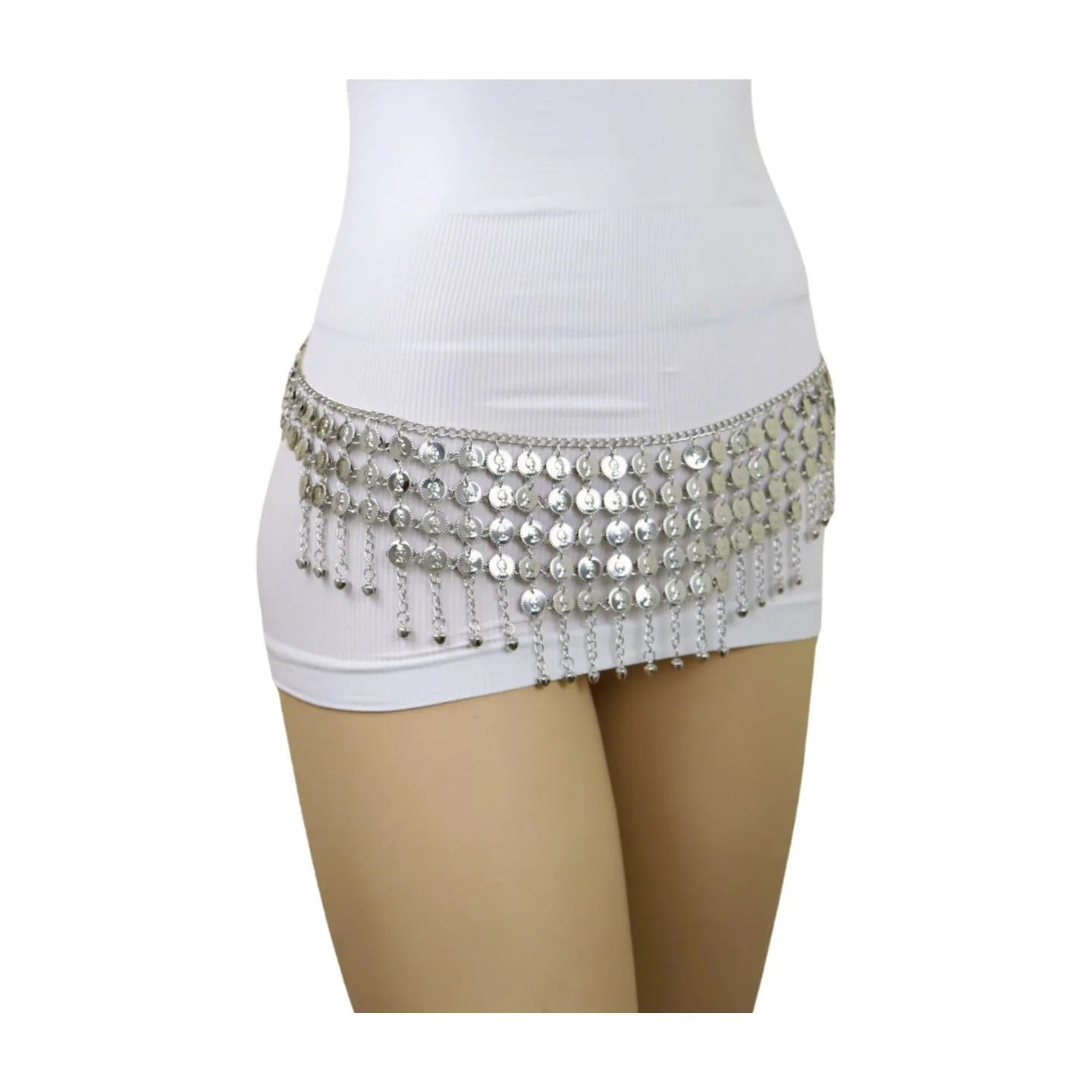 Women Ethnic Silver Metal Chain Coin Charms Belt S M