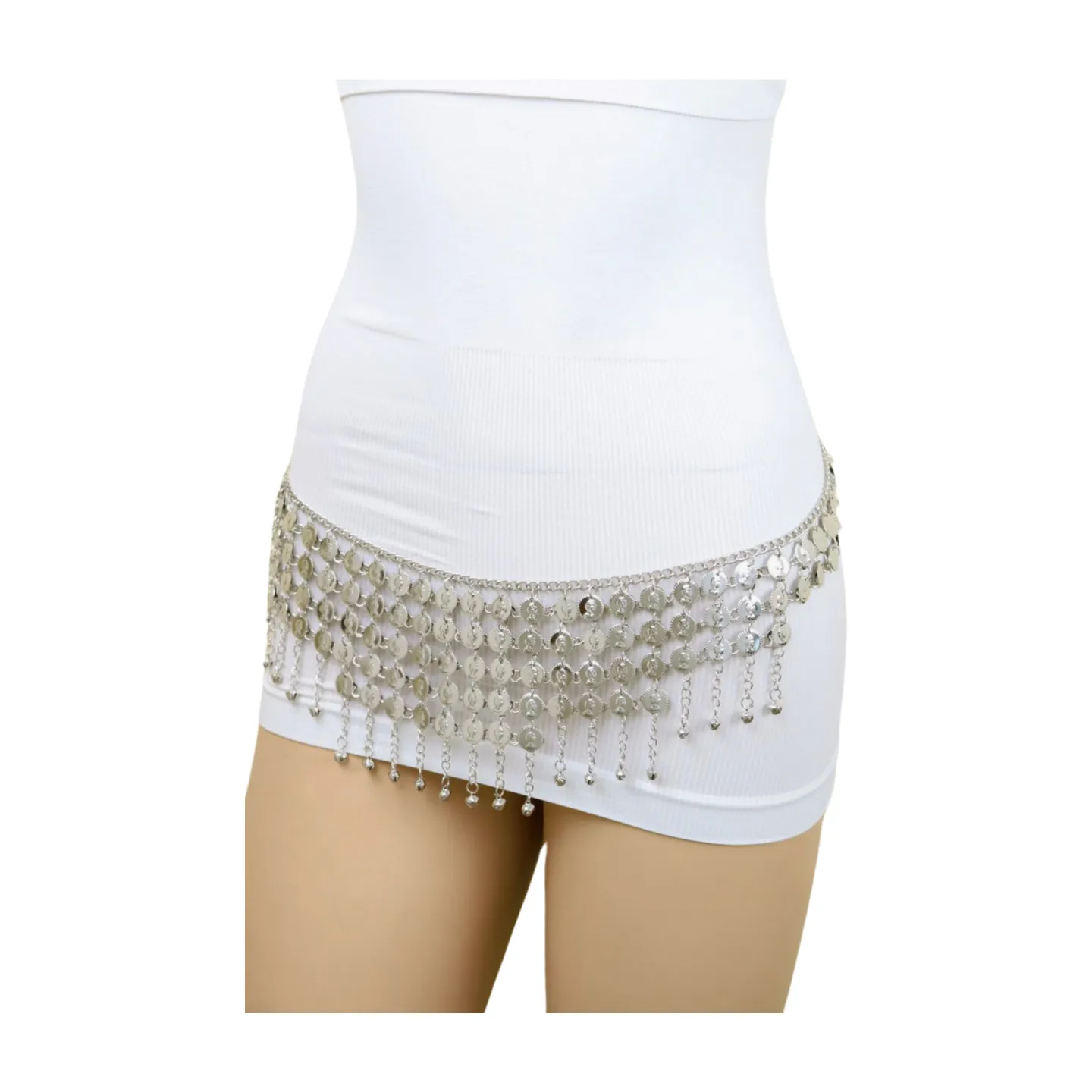 Women Ethnic Silver Metal Chain Coin Charms Belt S M