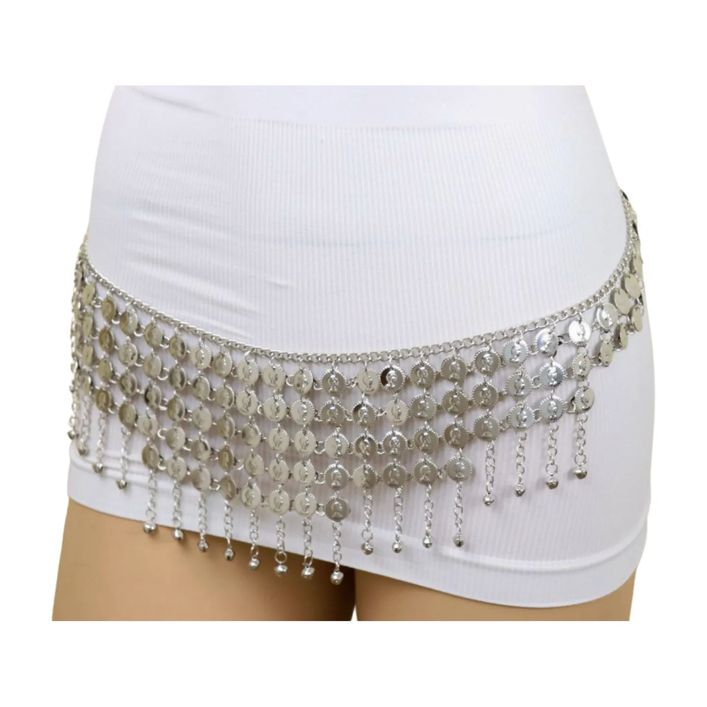 Women Ethnic Silver Metal Chain Coin Charms Belt S M