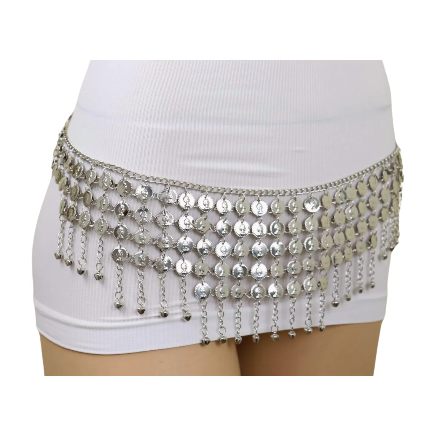 Women Ethnic Silver Metal Chain Coin Charms Belt S M