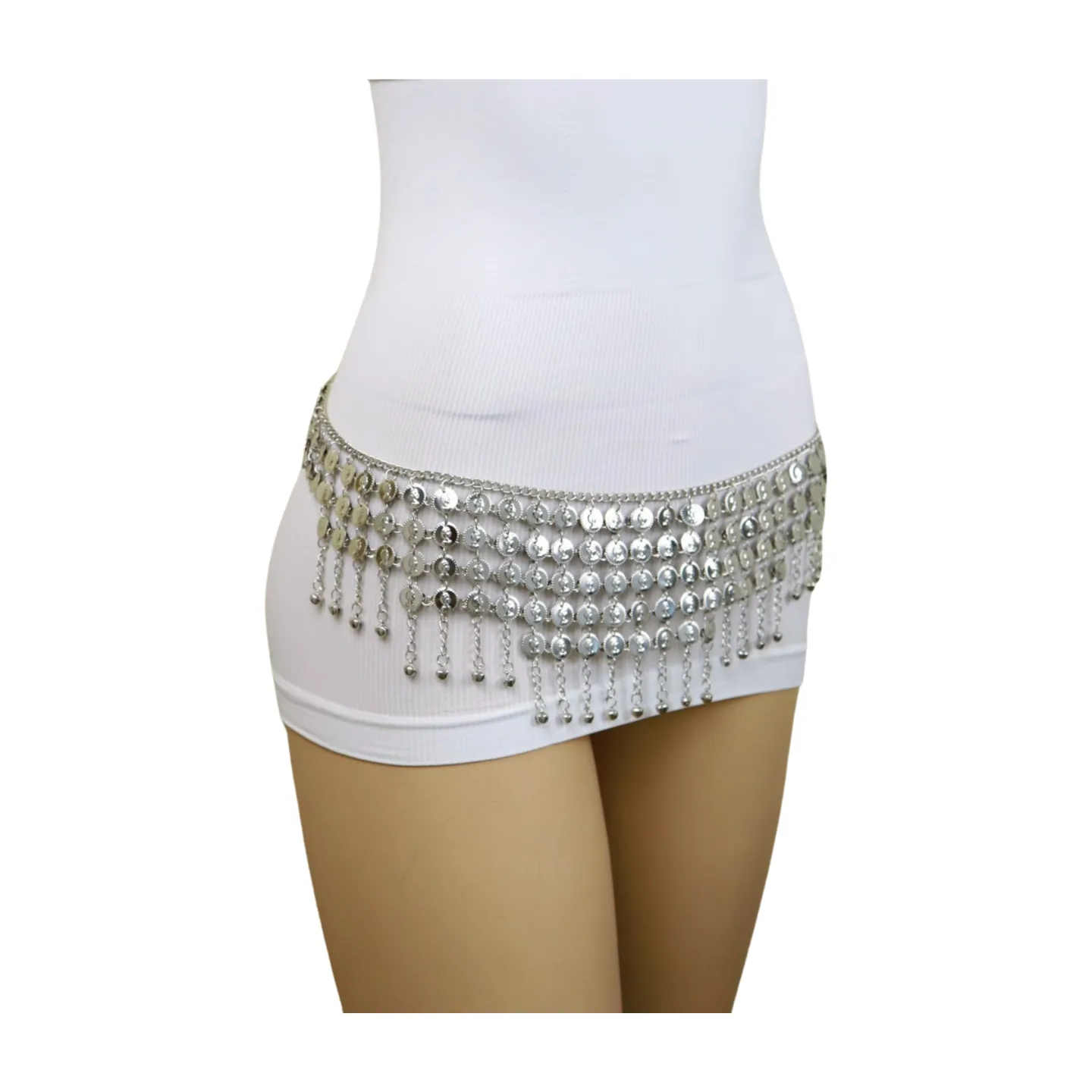 Women Ethnic Silver Metal Chain Coin Charms Belt S M