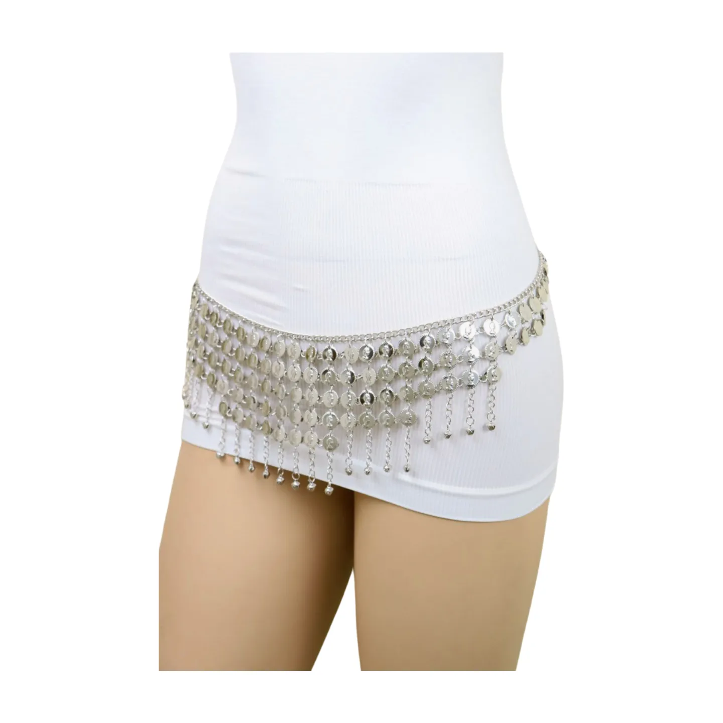Women Ethnic Silver Metal Chain Coin Charms Belt S M