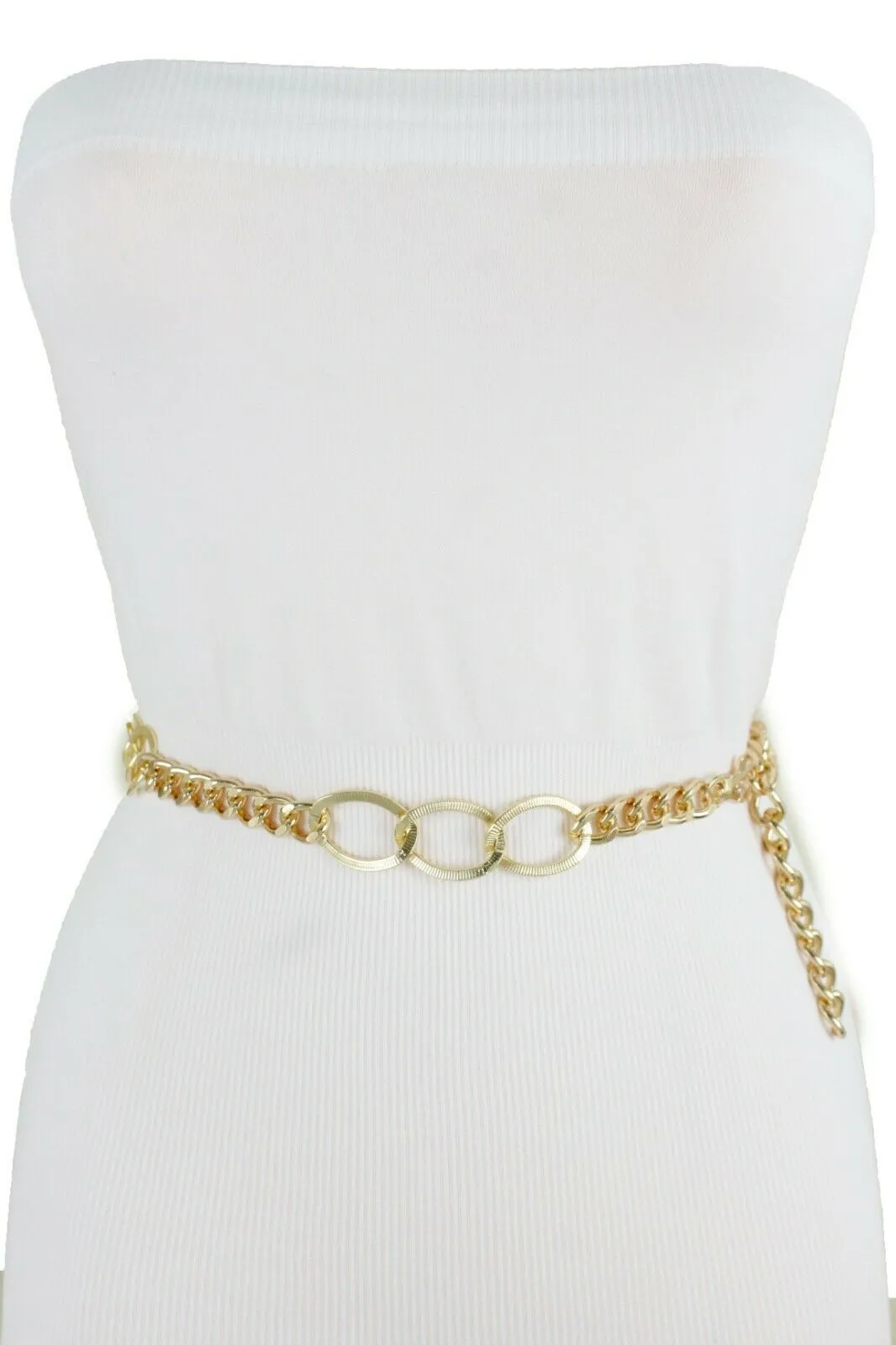 Women Gold Metal Chain Dressy Skinny Waistband Narrow Belt Hip Waist Size M L XL