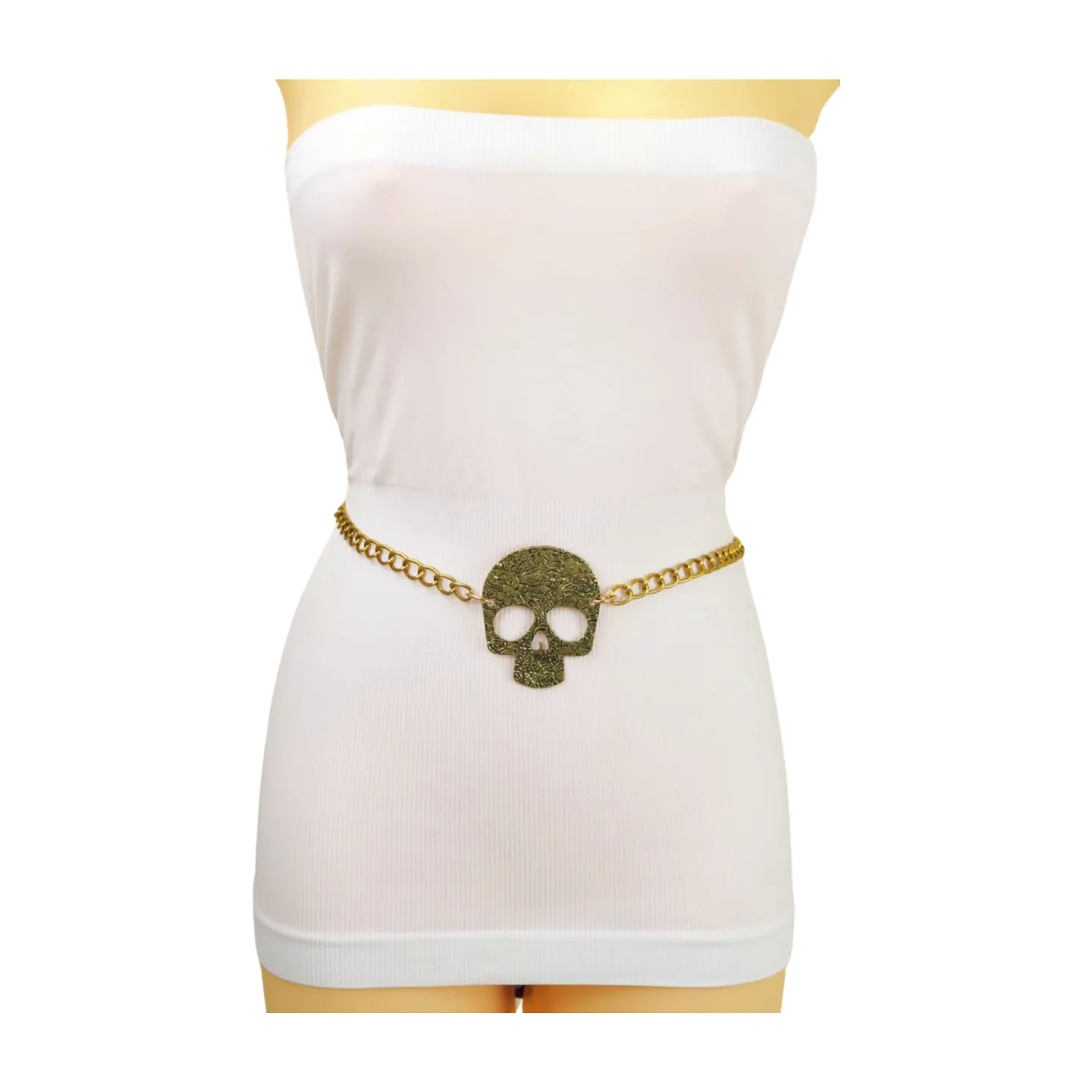 Women Gold Metal Chain Links Thin Fashion Belt Skull Charm Plus XL XXL