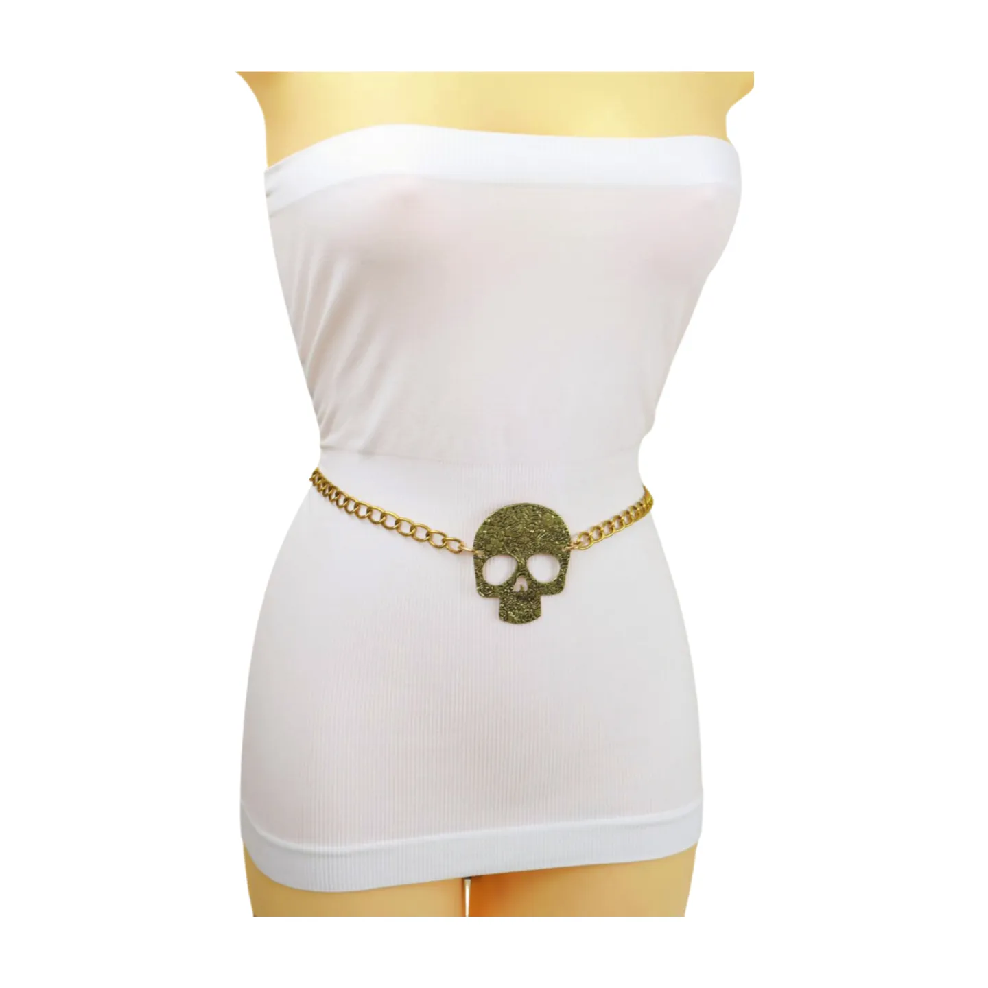 Women Gold Metal Chain Links Thin Fashion Belt Skull Charm Plus XL XXL