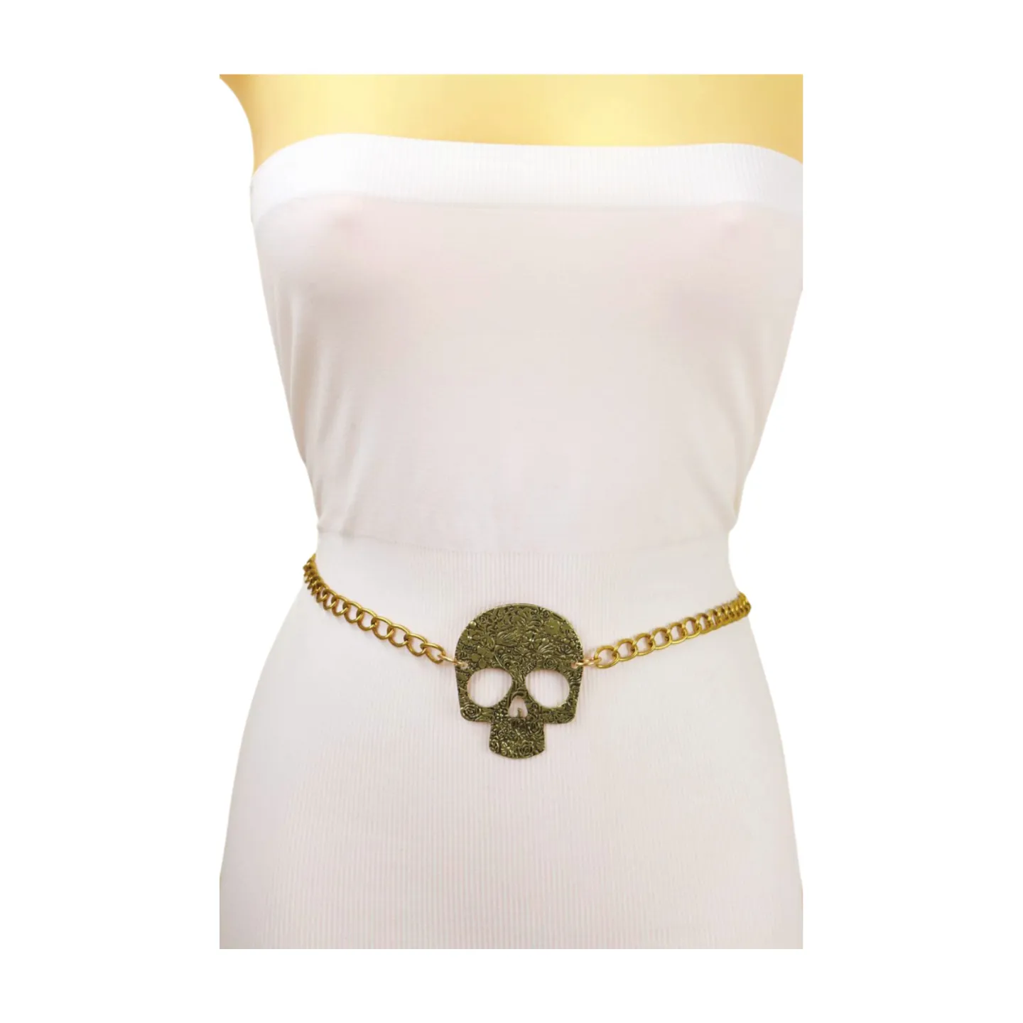 Women Gold Metal Chain Links Thin Fashion Belt Skull Charm Plus XL XXL