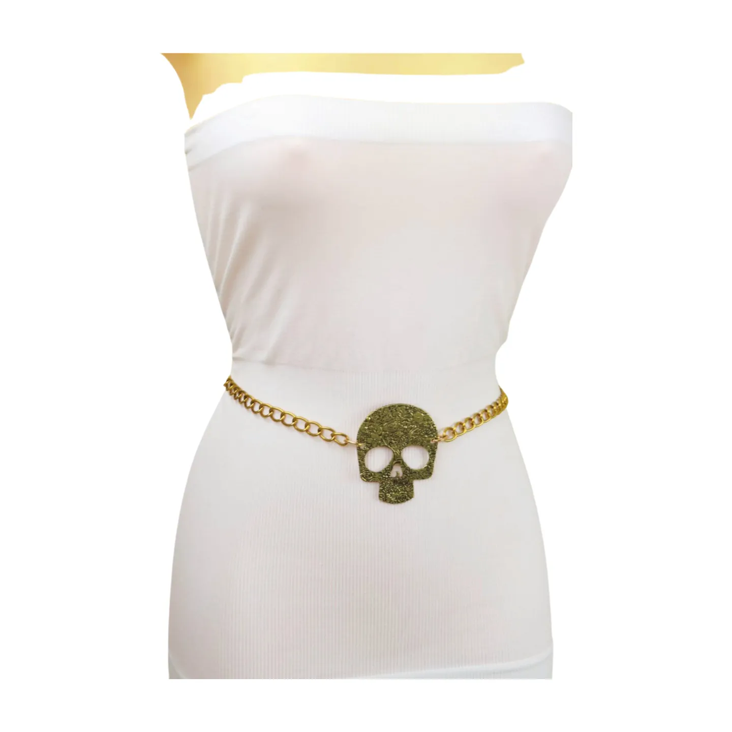 Women Gold Metal Chain Links Thin Fashion Belt Skull Charm Plus XL XXL