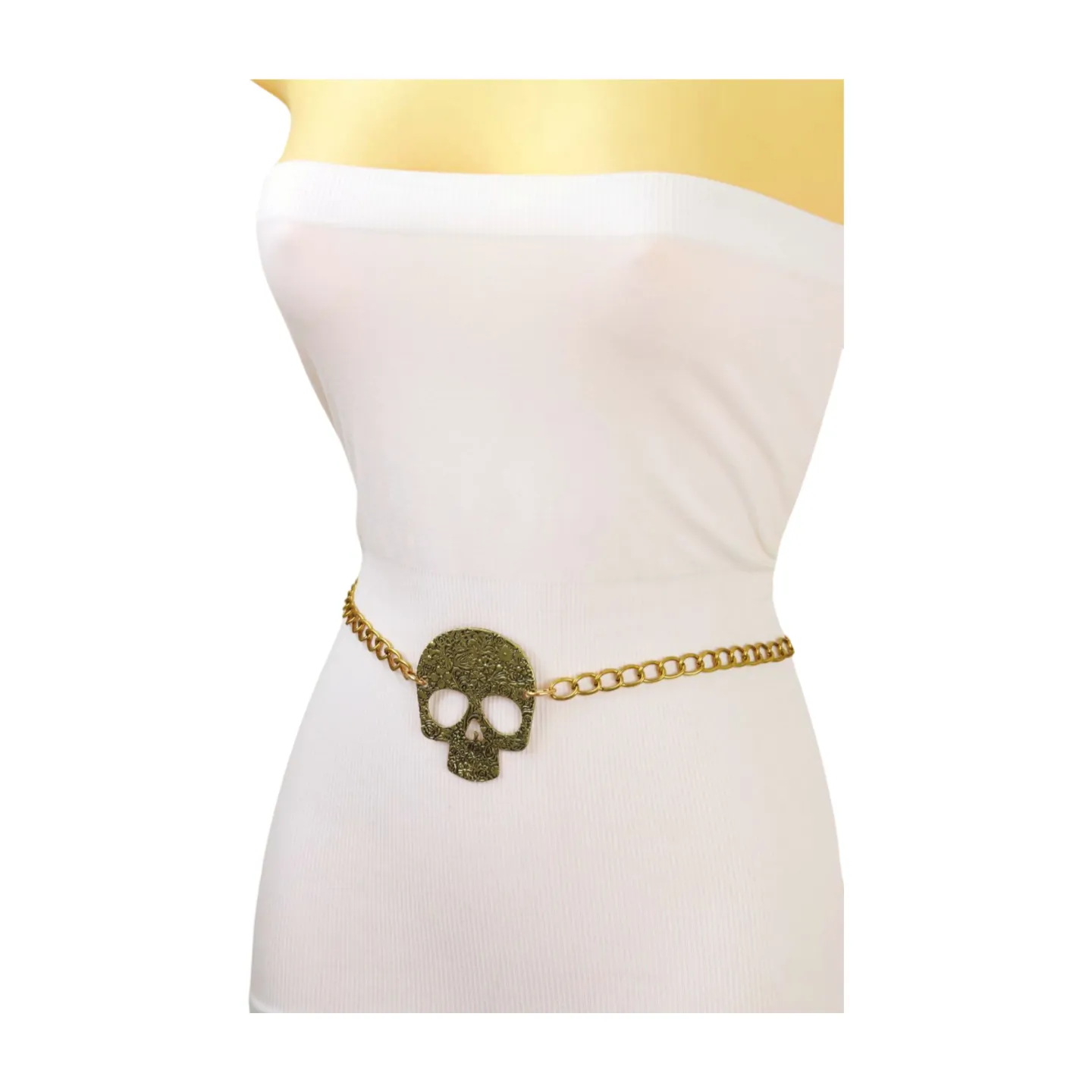 Women Gold Metal Chain Links Thin Fashion Belt Skull Charm Plus XL XXL