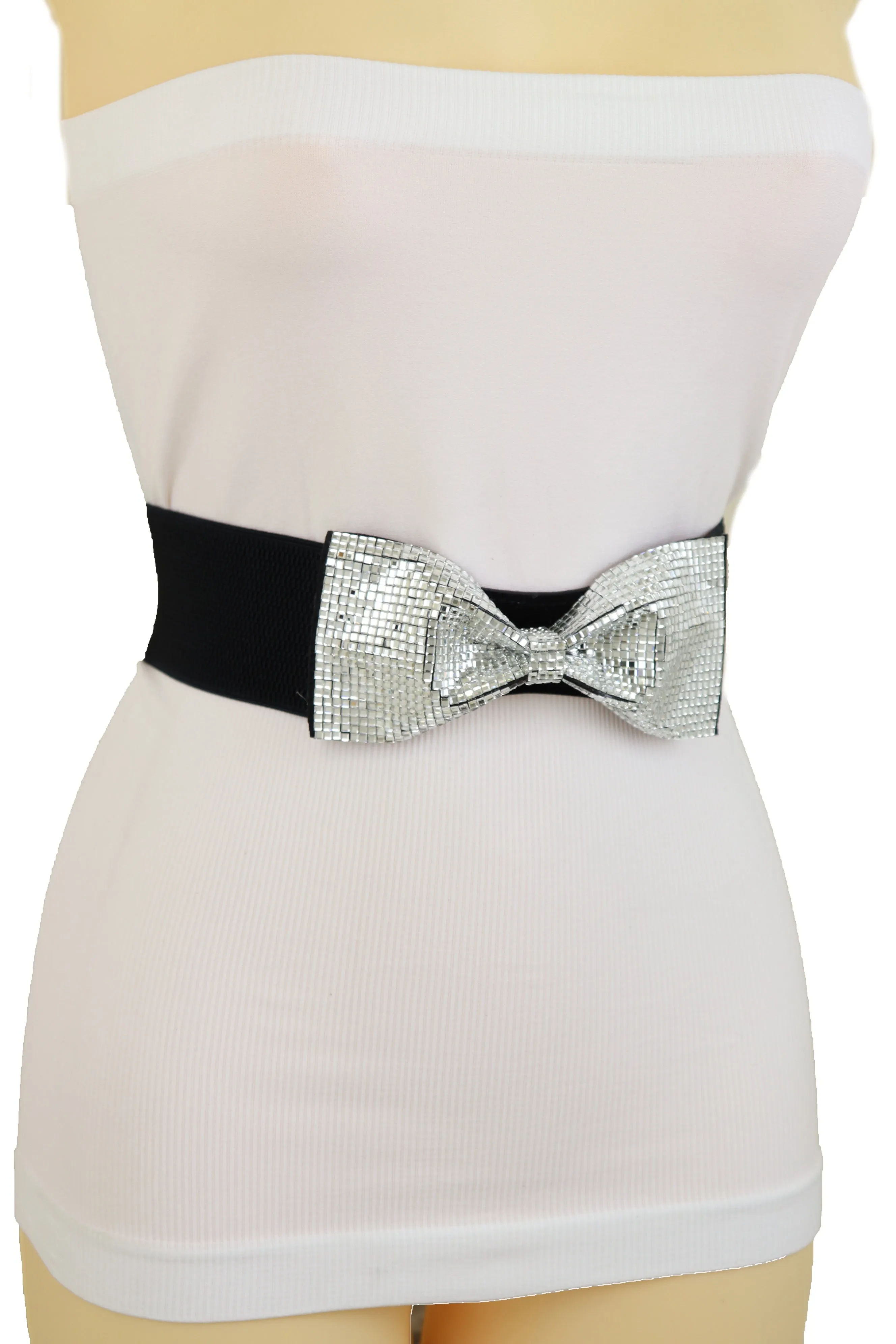 Women High Waist Hip Silver Bling Bow Tie Buckle Belt Black Elastic Band Dressy Fancy Style S M