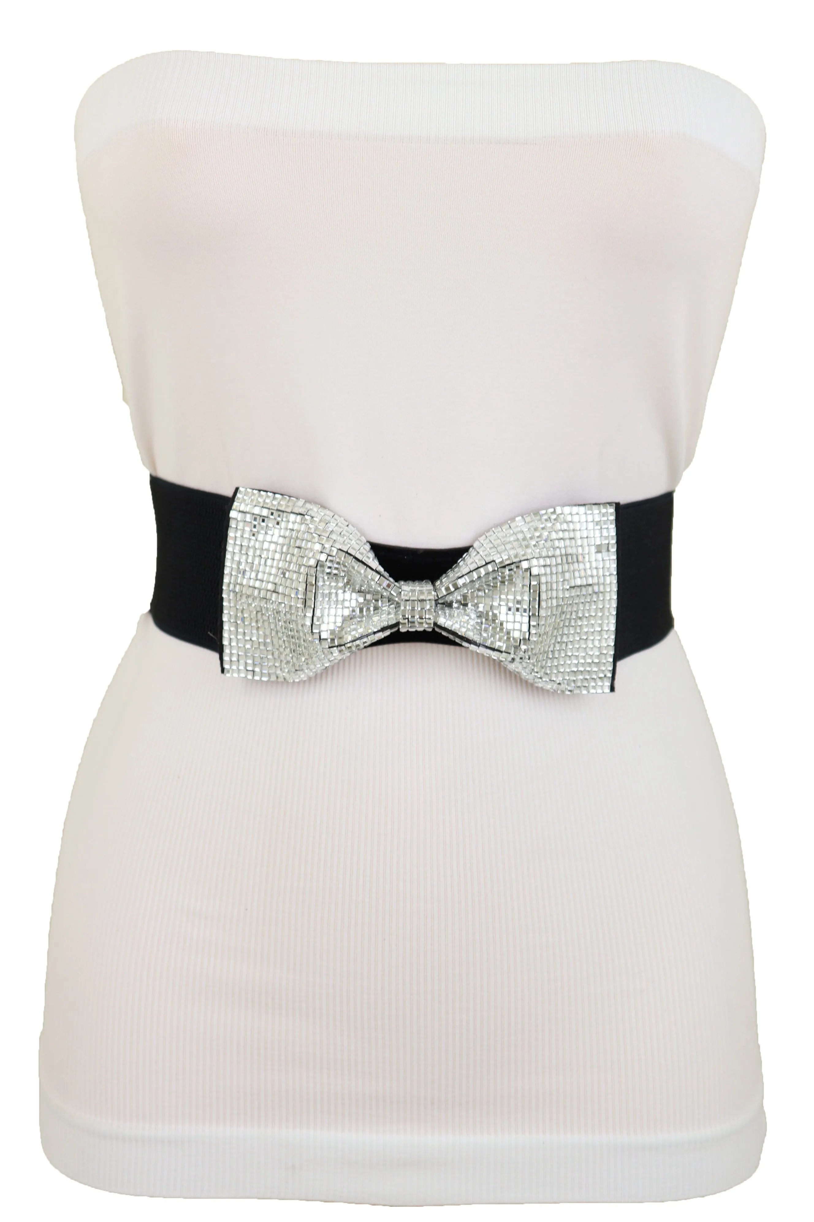 Women High Waist Hip Silver Bling Bow Tie Buckle Belt Black Elastic Band Dressy Fancy Style S M
