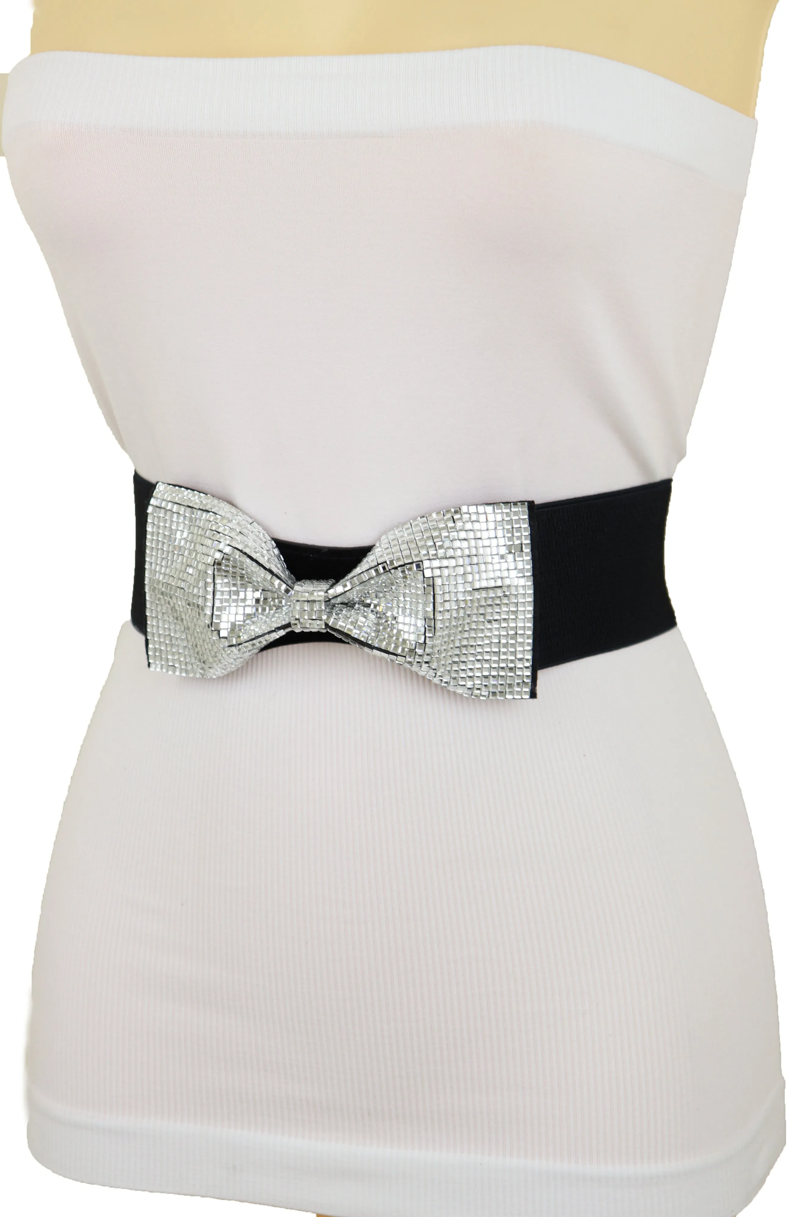 Women High Waist Hip Silver Bling Bow Tie Buckle Belt Black Elastic Band Dressy Fancy Style S M