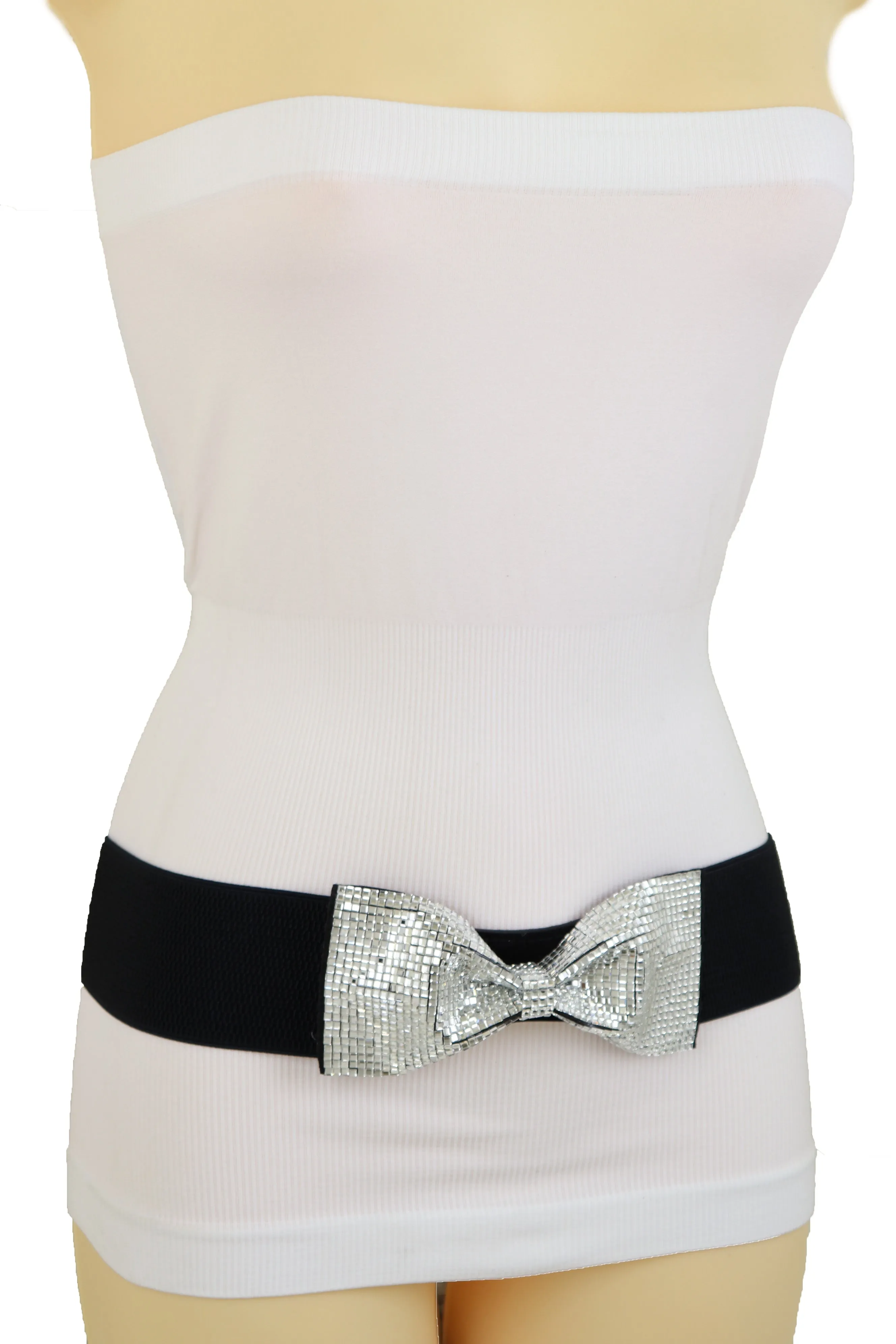 Women High Waist Hip Silver Bling Bow Tie Buckle Belt Black Elastic Band Dressy Fancy Style S M