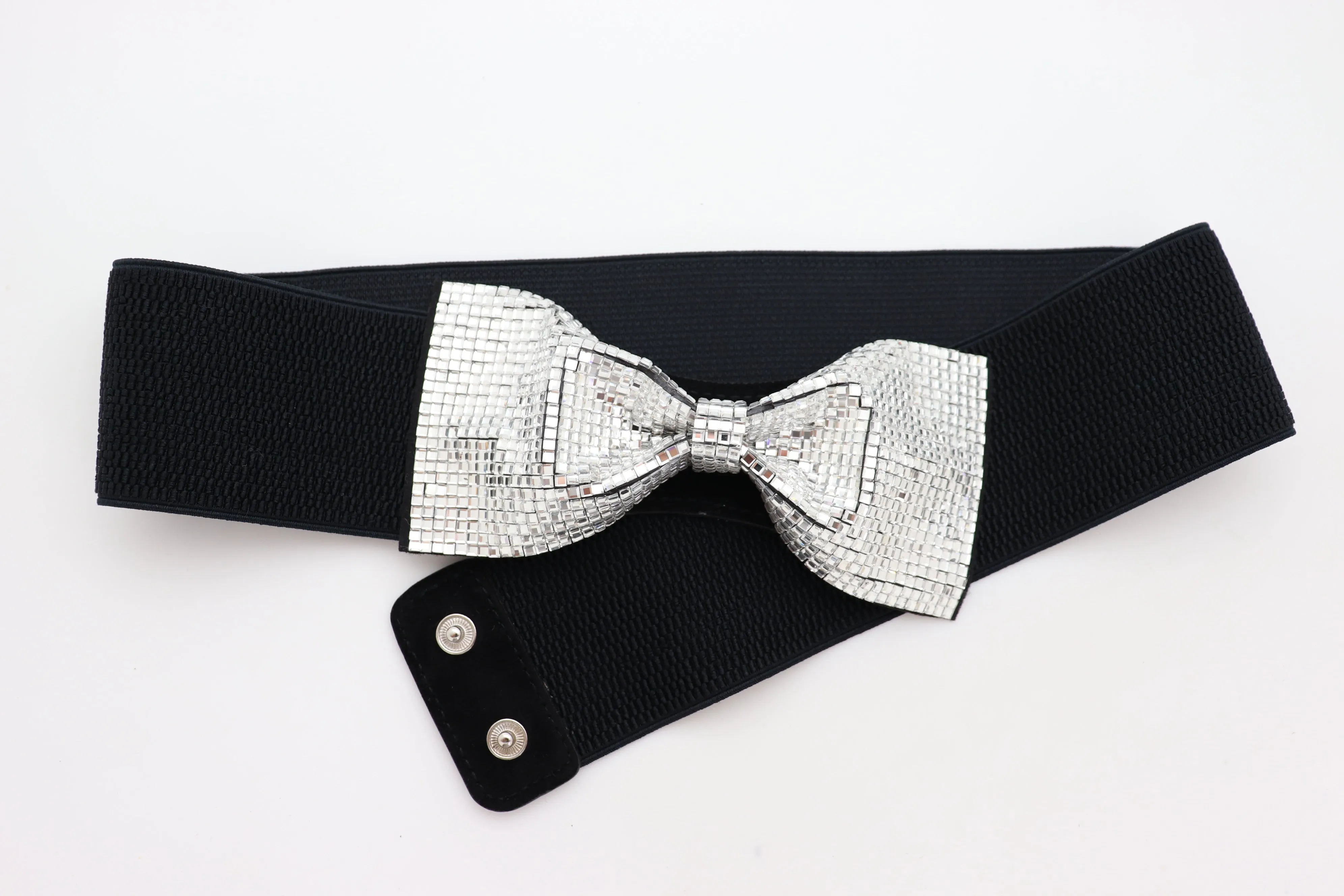 Women High Waist Hip Silver Bling Bow Tie Buckle Belt Black Elastic Band Dressy Fancy Style S M