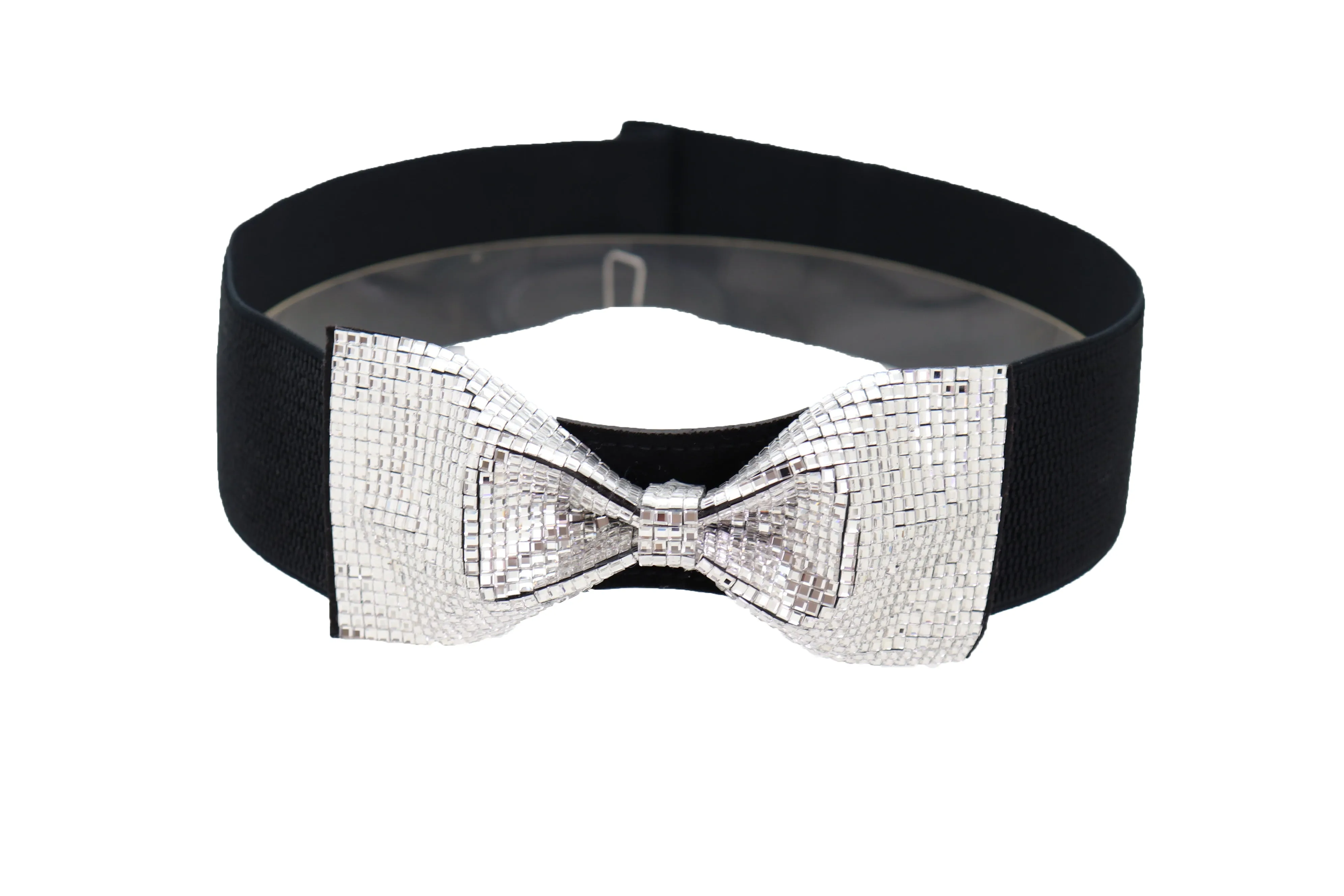 Women High Waist Hip Silver Bling Bow Tie Buckle Belt Black Elastic Band Dressy Fancy Style S M