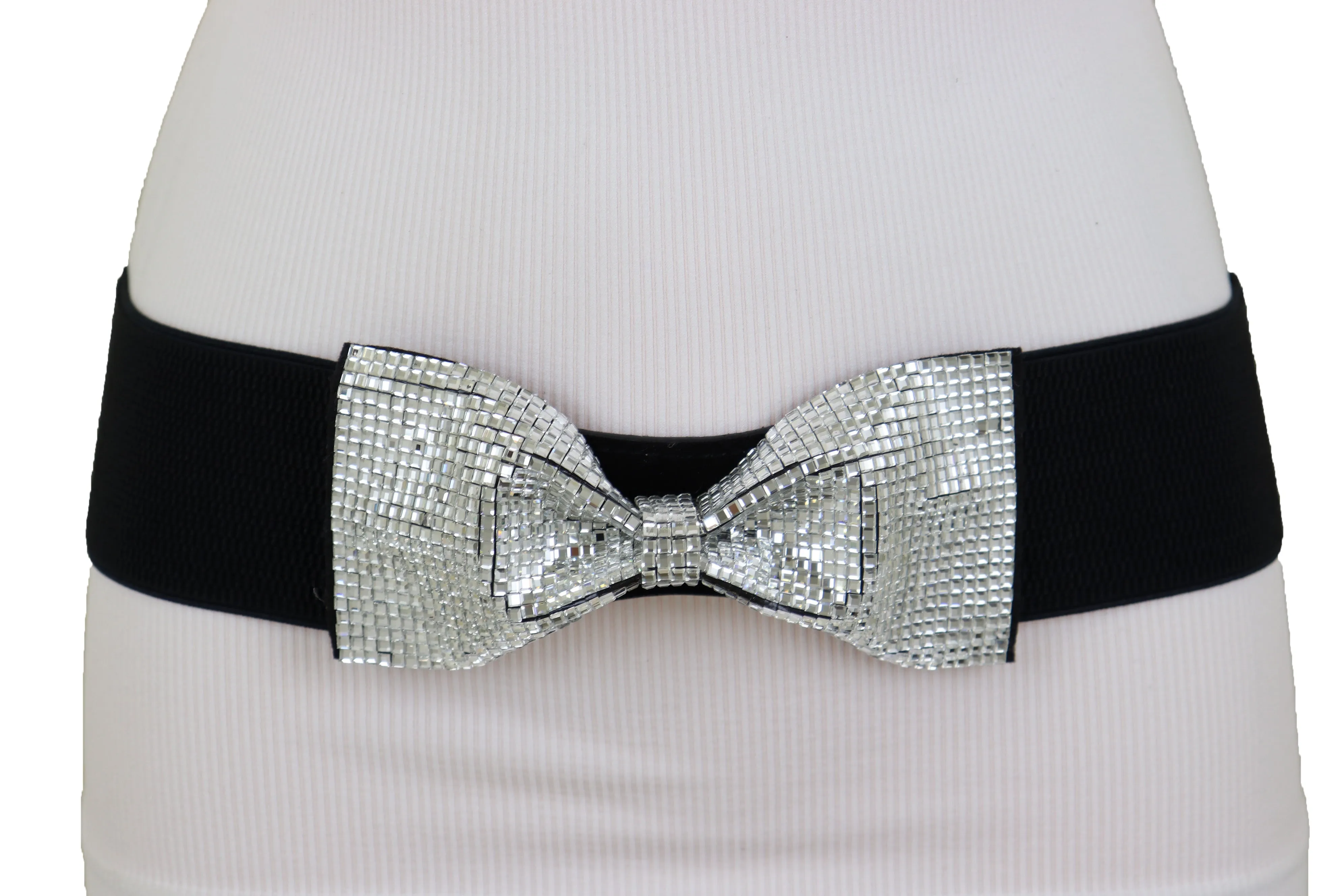 Women High Waist Hip Silver Bling Bow Tie Buckle Belt Black Elastic Band Dressy Fancy Style S M