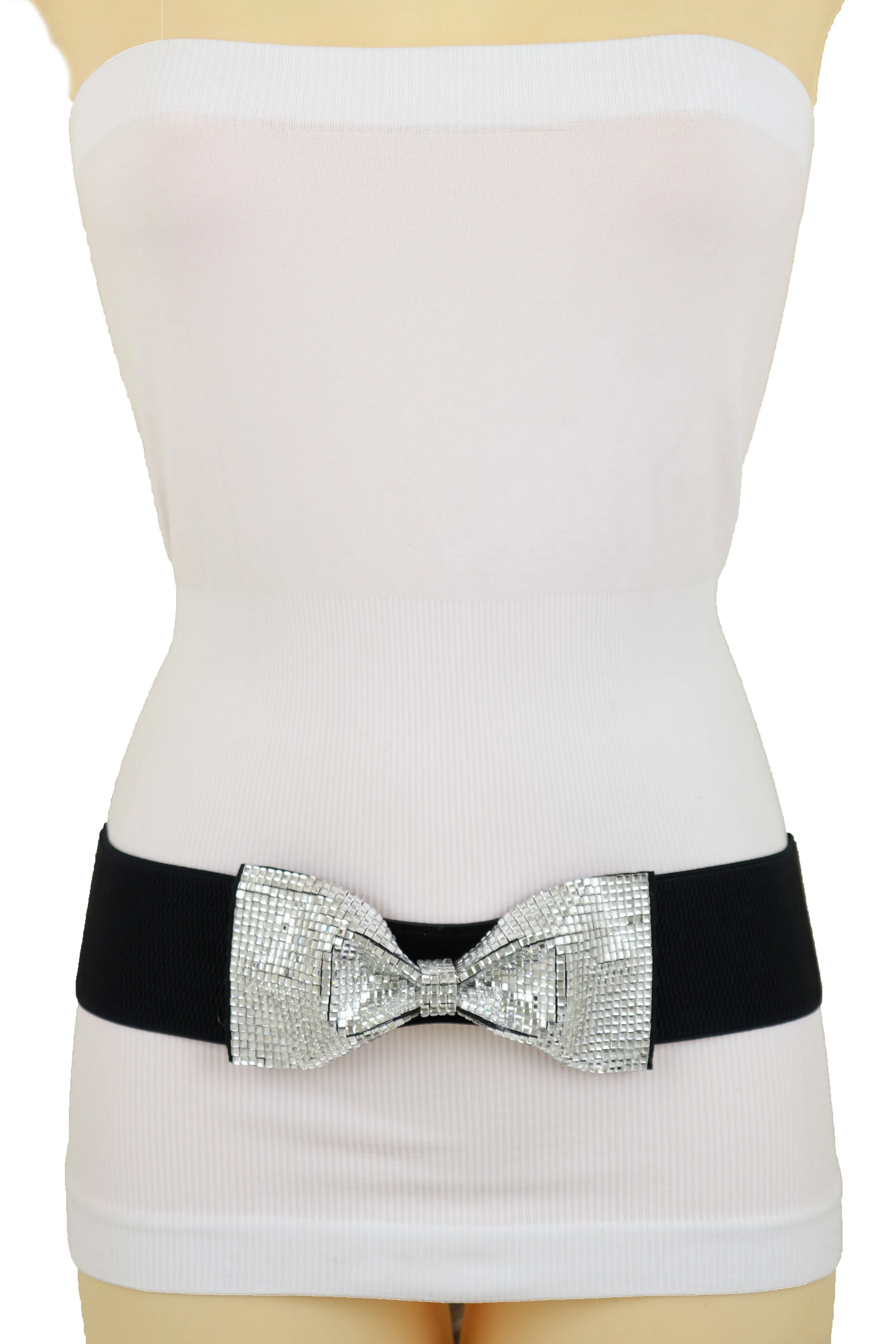Women High Waist Hip Silver Bling Bow Tie Buckle Belt Black Elastic Band Dressy Fancy Style S M