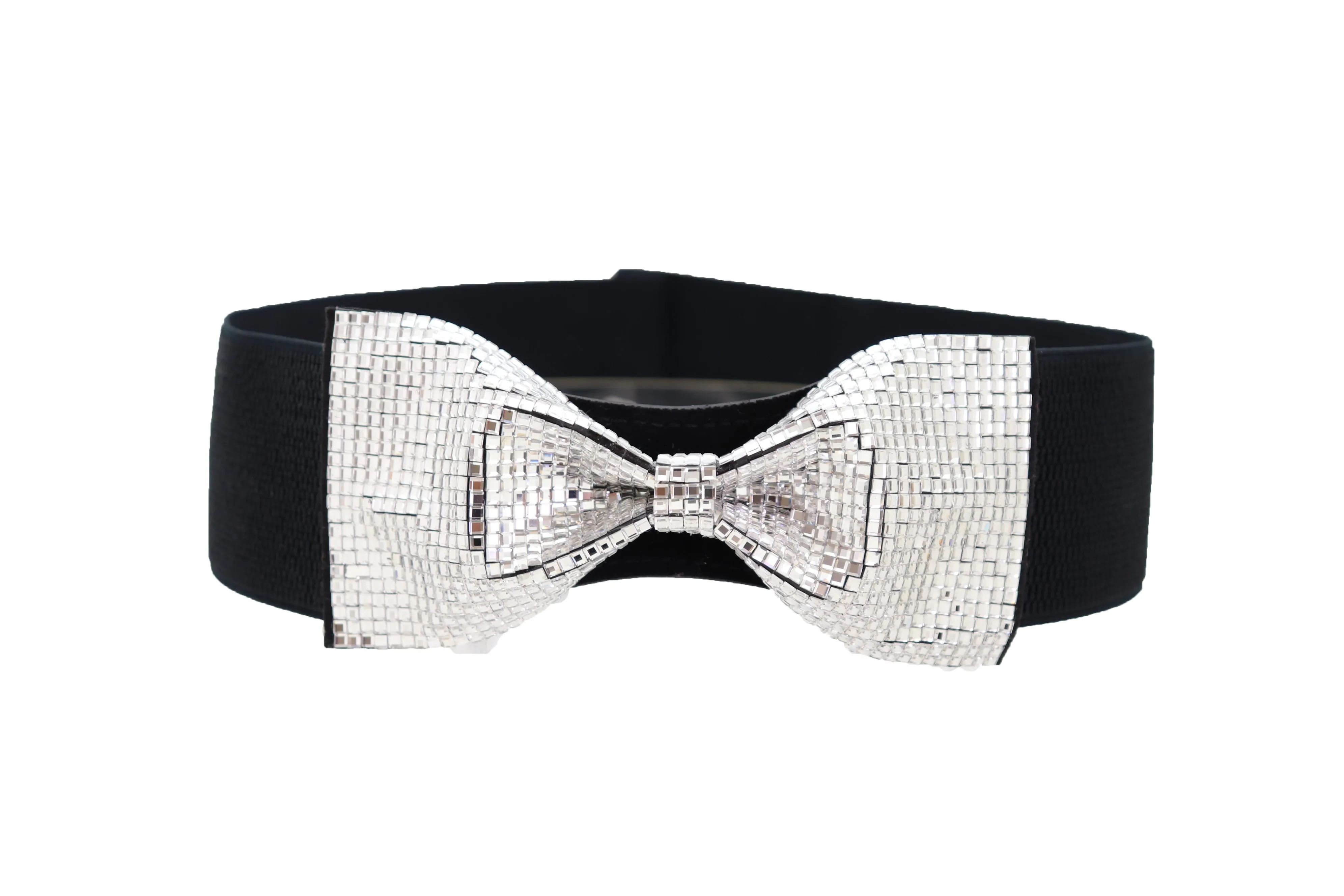 Women High Waist Hip Silver Bling Bow Tie Buckle Belt Black Elastic Band Dressy Fancy Style S M