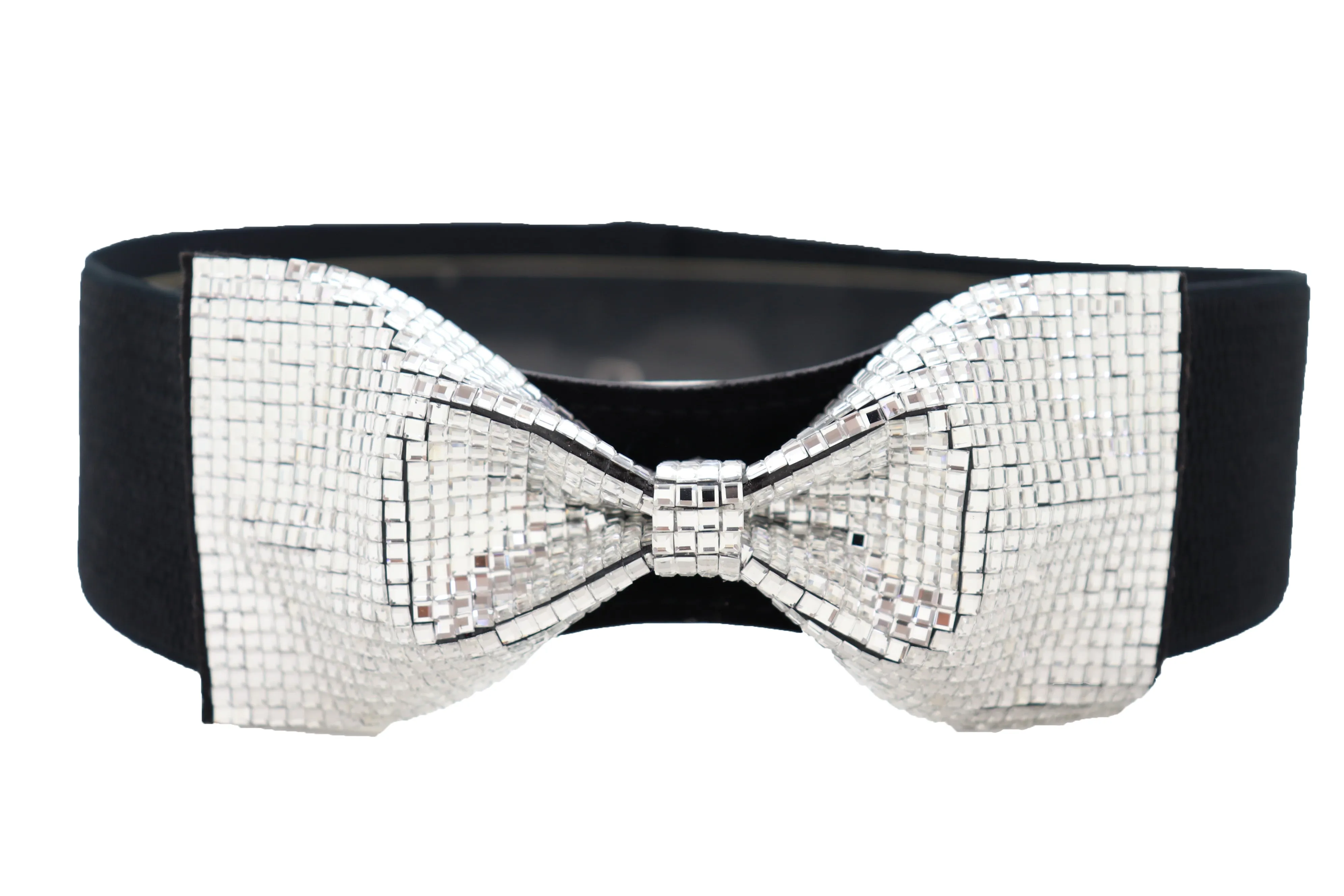 Women High Waist Hip Silver Bling Bow Tie Buckle Belt Black Elastic Band Dressy Fancy Style S M
