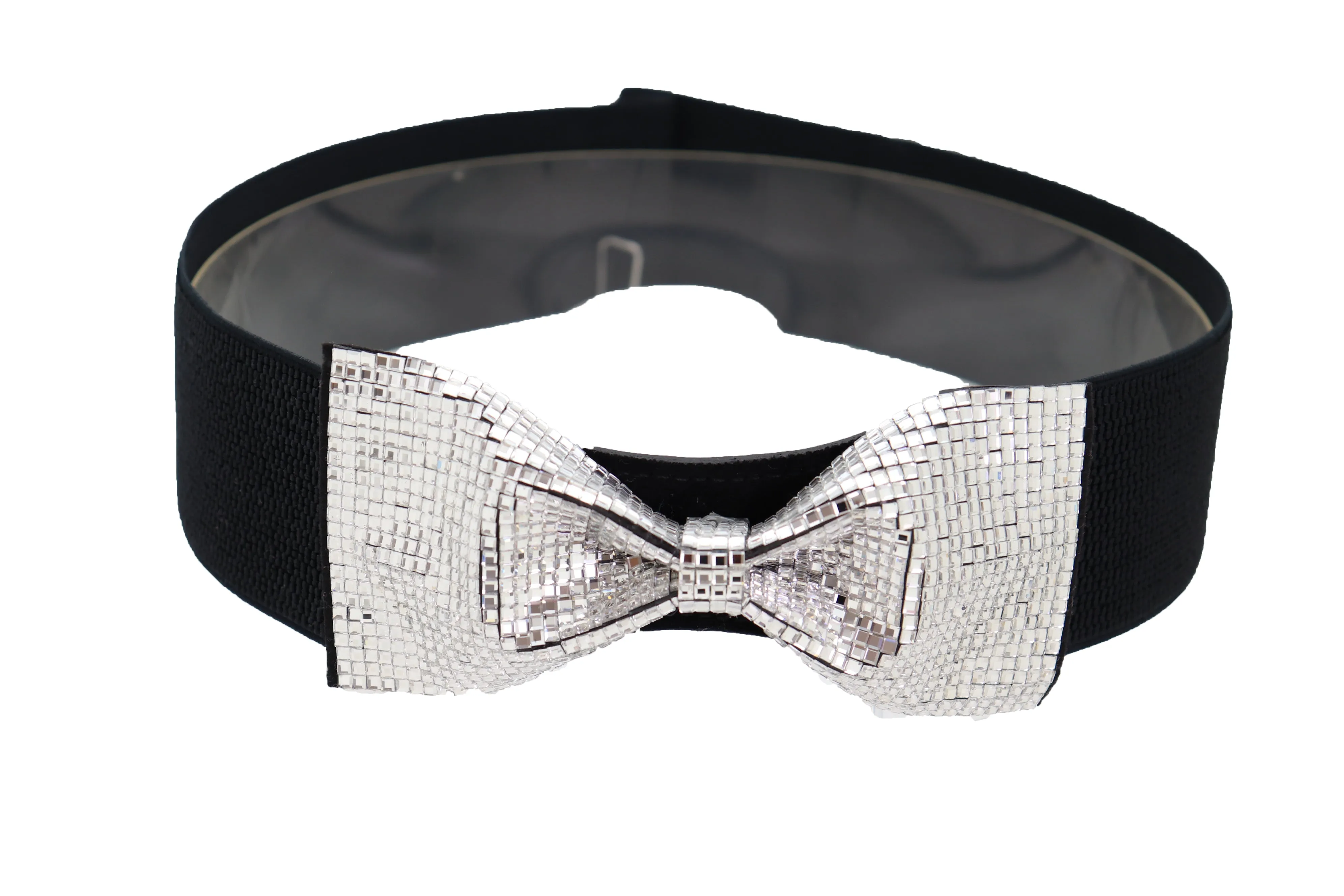 Women High Waist Hip Silver Bling Bow Tie Buckle Belt Black Elastic Band Dressy Fancy Style S M