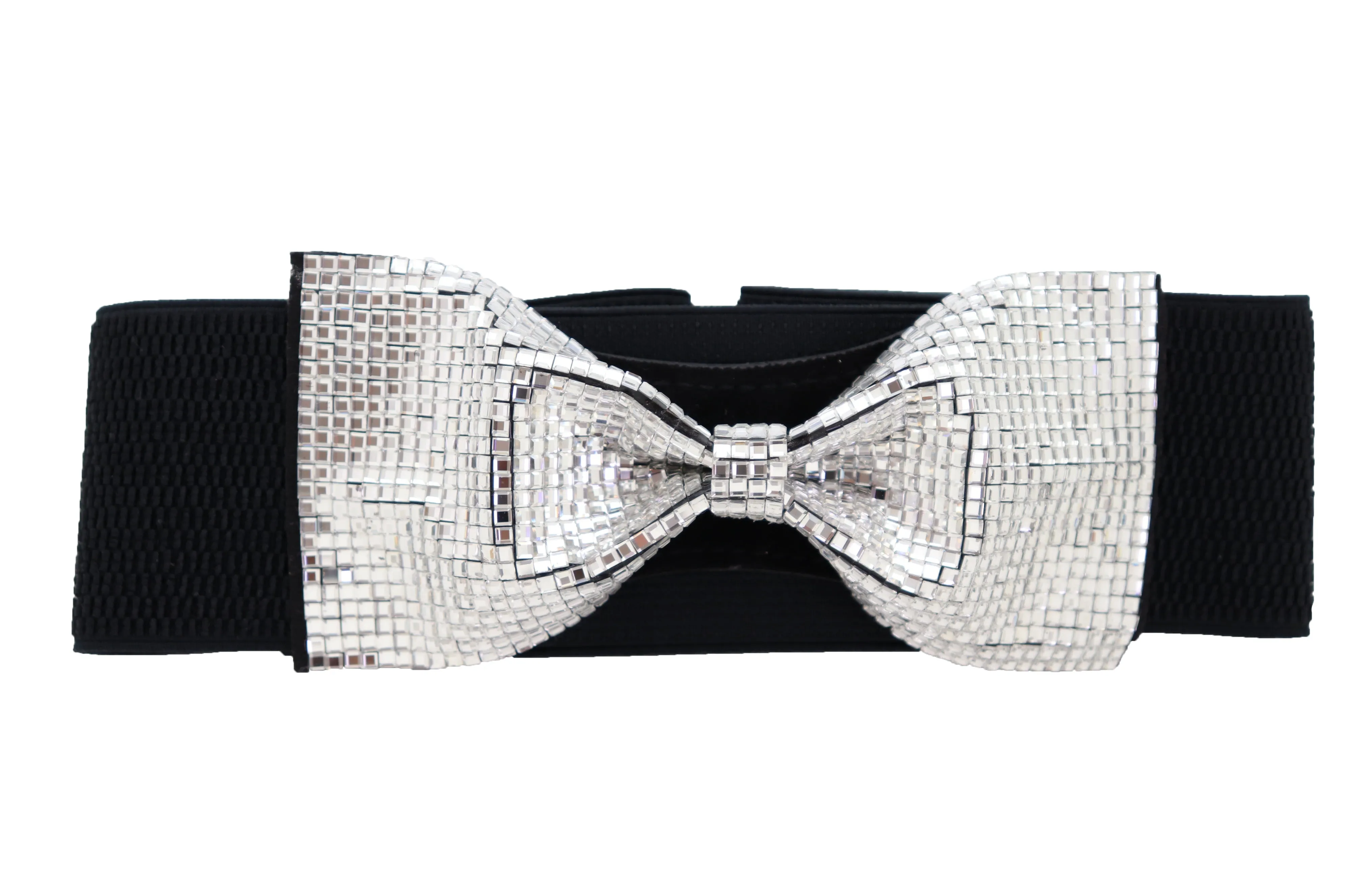 Women High Waist Hip Silver Bling Bow Tie Buckle Belt Black Elastic Band Dressy Fancy Style S M