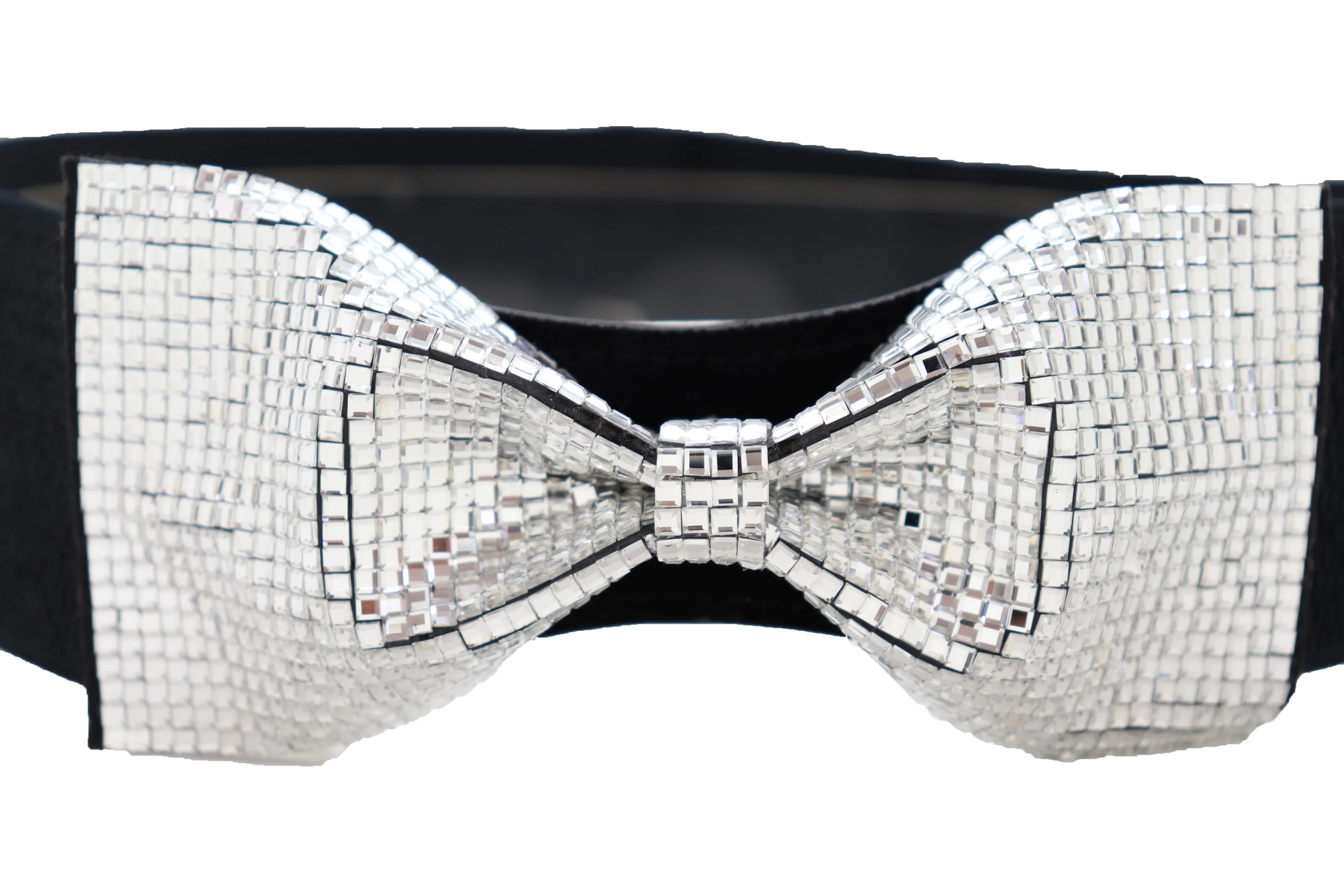 Women High Waist Hip Silver Bling Bow Tie Buckle Belt Black Elastic Band Dressy Fancy Style S M