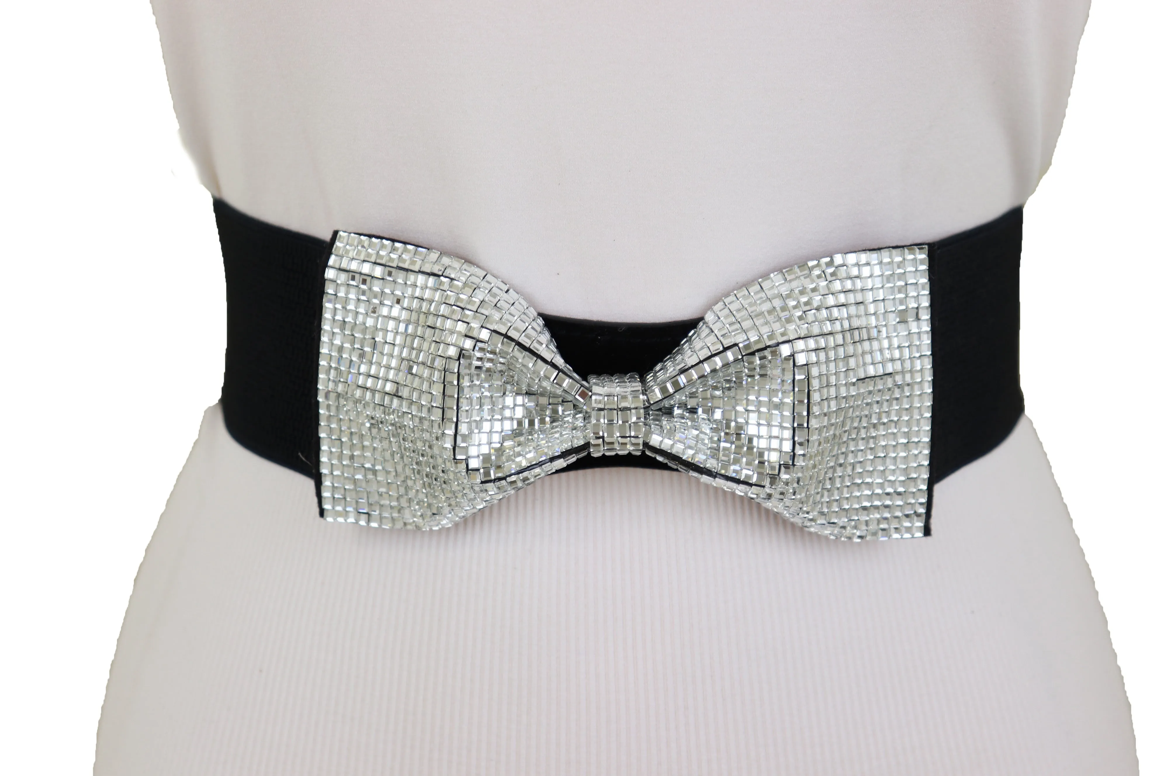 Women High Waist Hip Silver Bling Bow Tie Buckle Belt Black Elastic Band Dressy Fancy Style S M