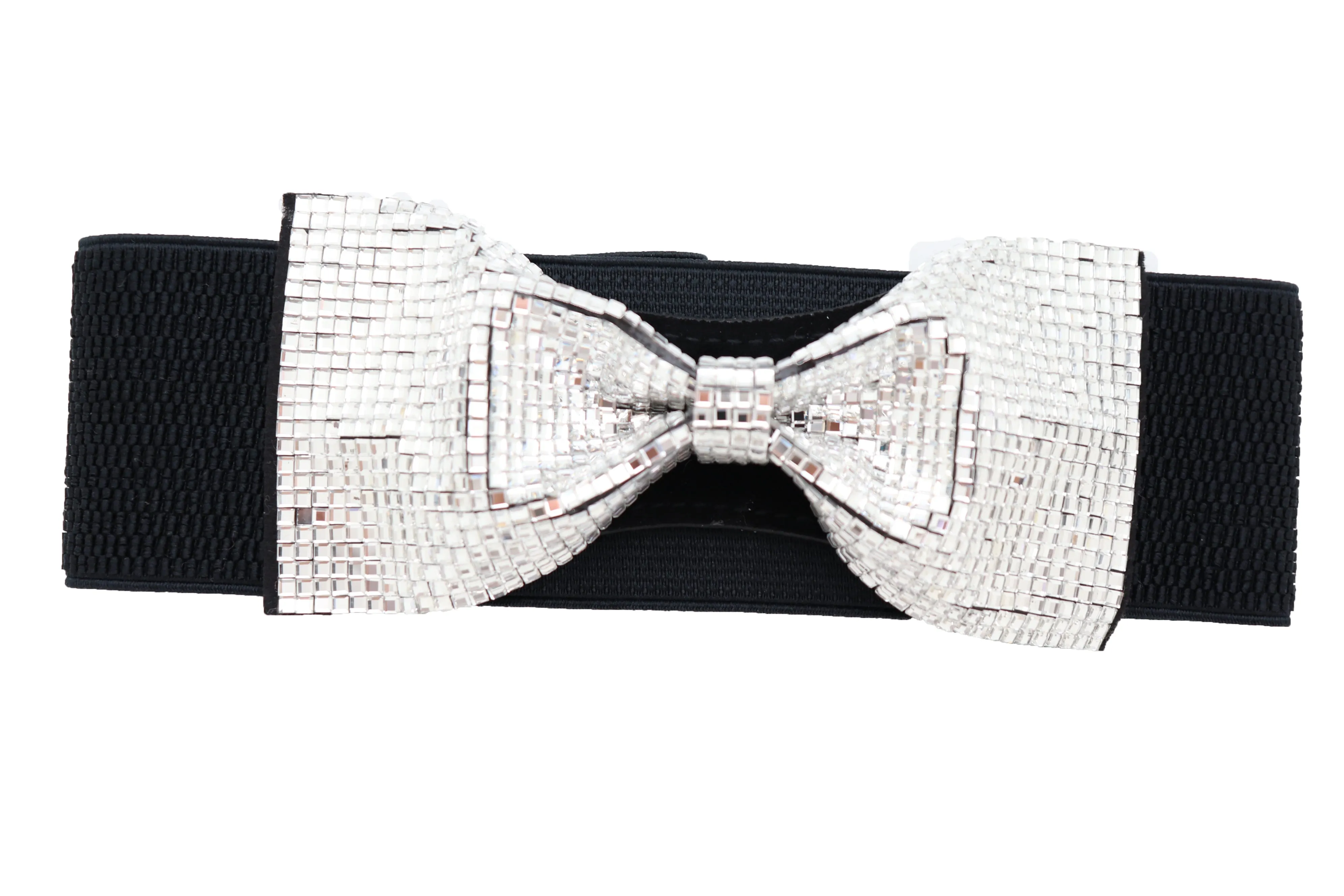 Women High Waist Hip Silver Bling Bow Tie Buckle Belt Black Elastic Band Dressy Fancy Style S M