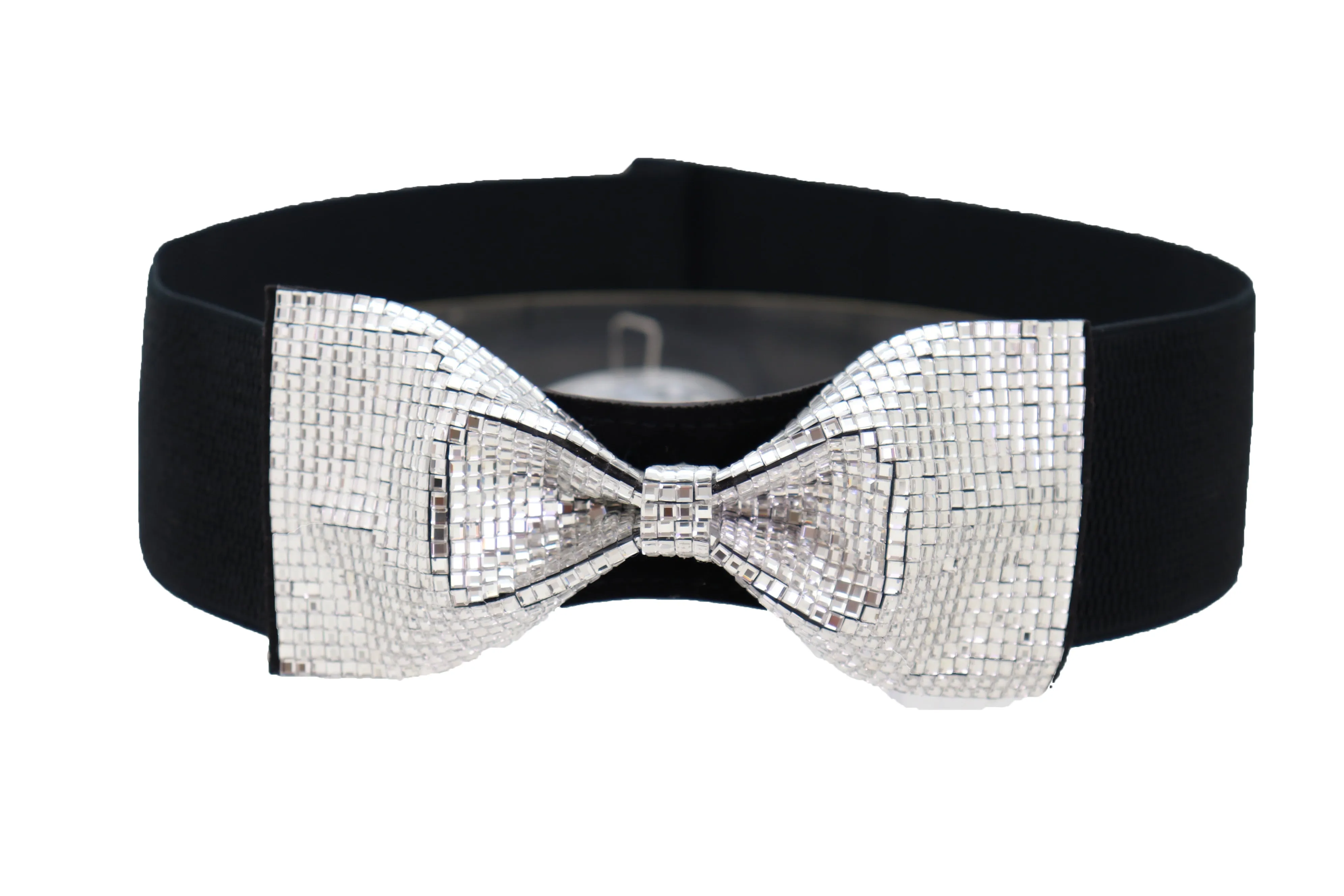 Women High Waist Hip Silver Bling Bow Tie Buckle Belt Black Elastic Band Dressy Fancy Style S M