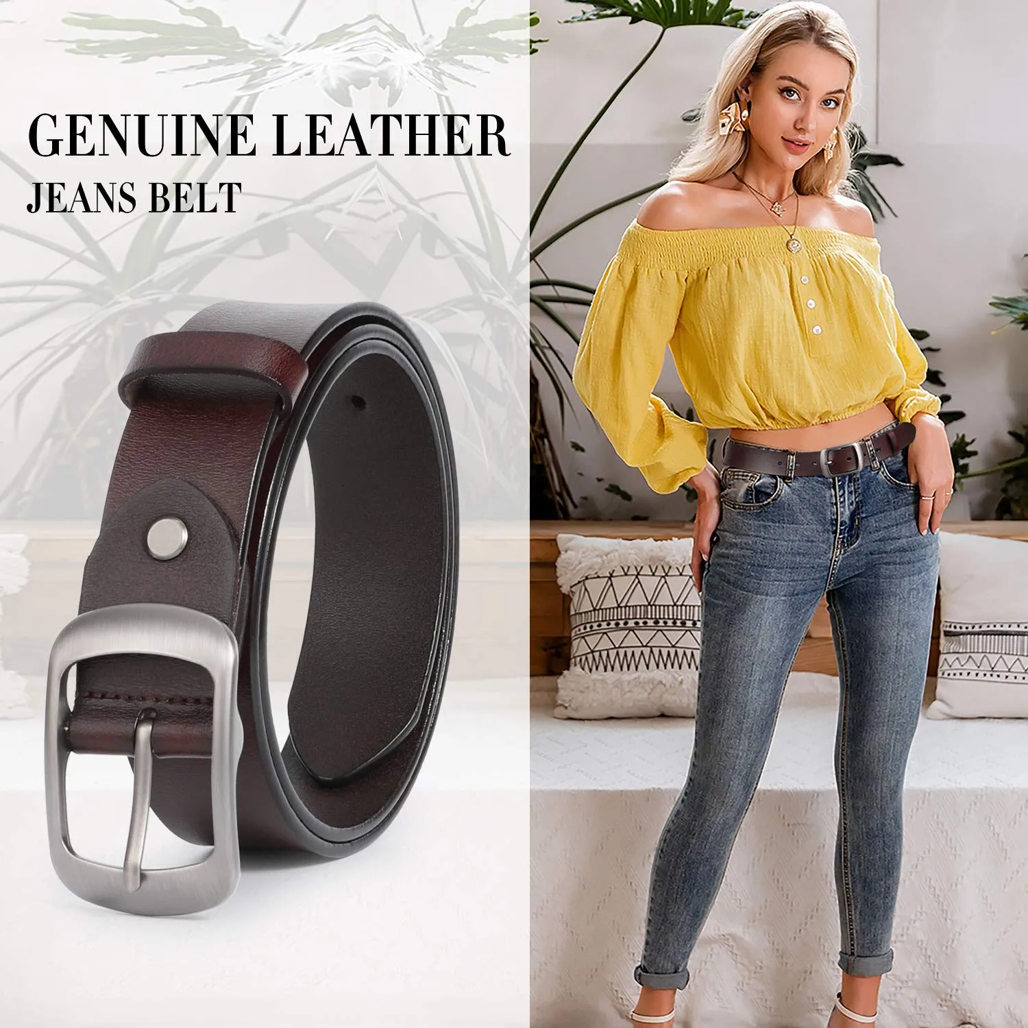 Women Leather Belts for Jeans Pants Fashion Dress Belt for Women with Solid Pin Buckle