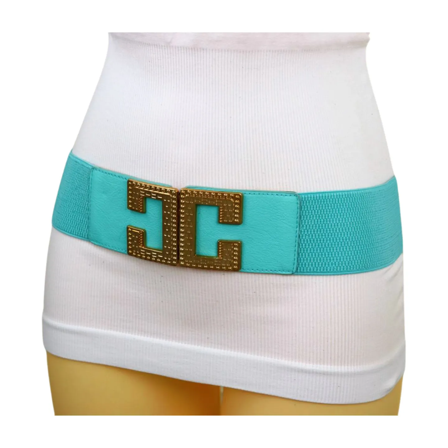 Women Mint Green Shade Elastic Wide Belt Metal C Buckle Adjustable Size S M