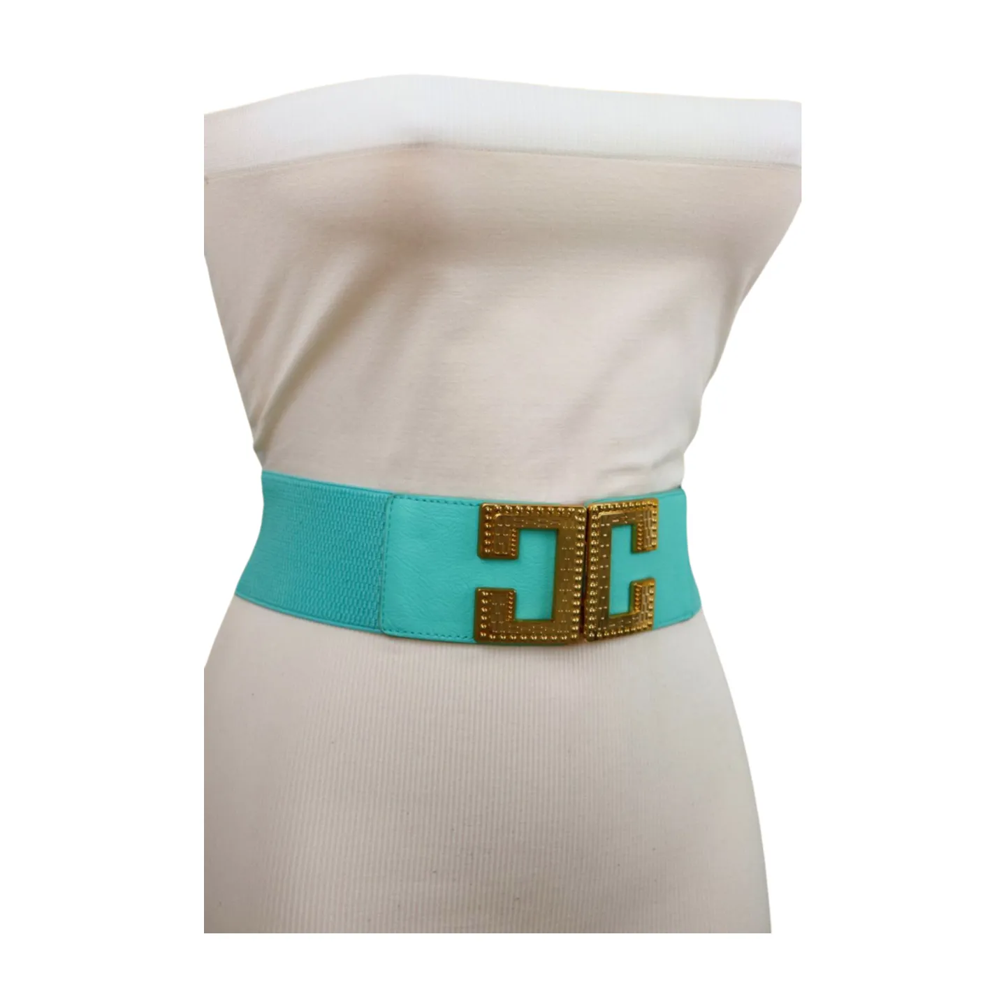 Women Mint Green Shade Elastic Wide Belt Metal C Buckle Adjustable Size S M