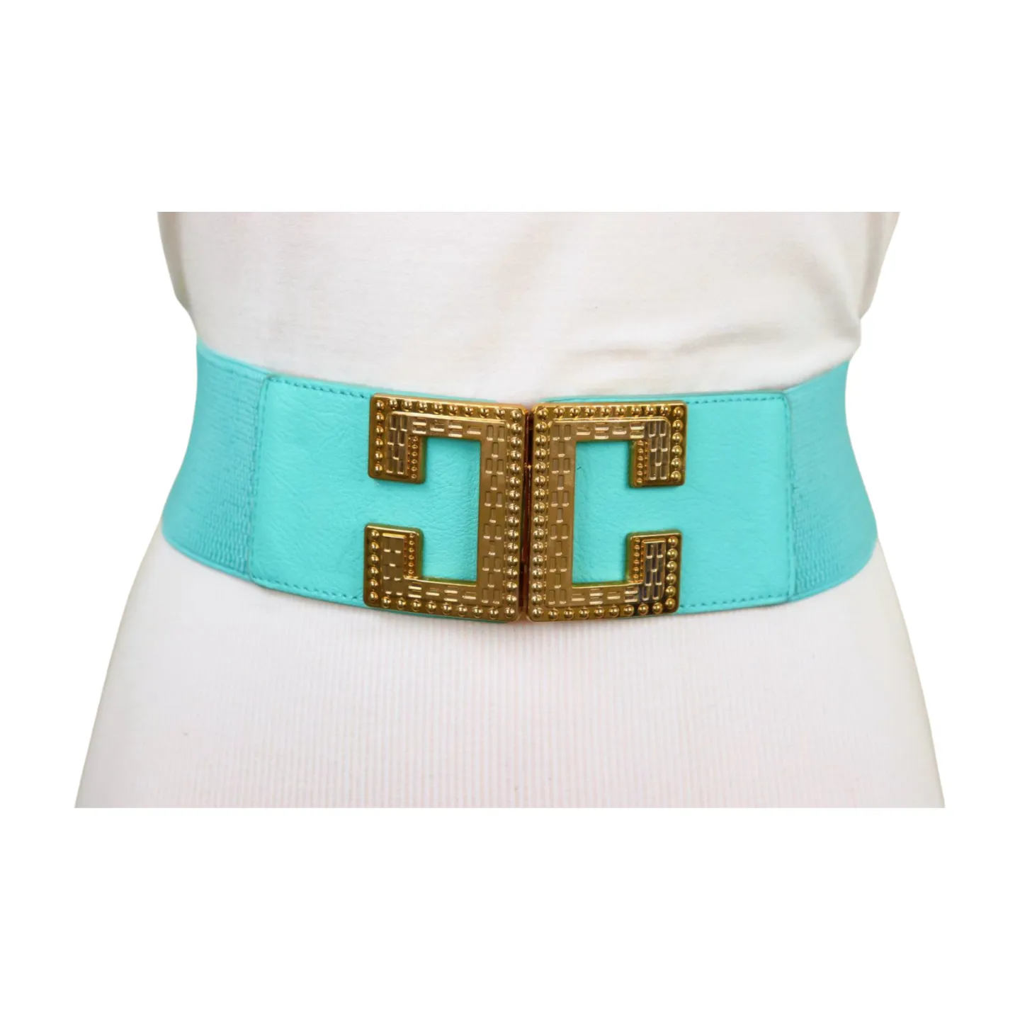 Women Mint Green Shade Elastic Wide Belt Metal C Buckle Adjustable Size S M