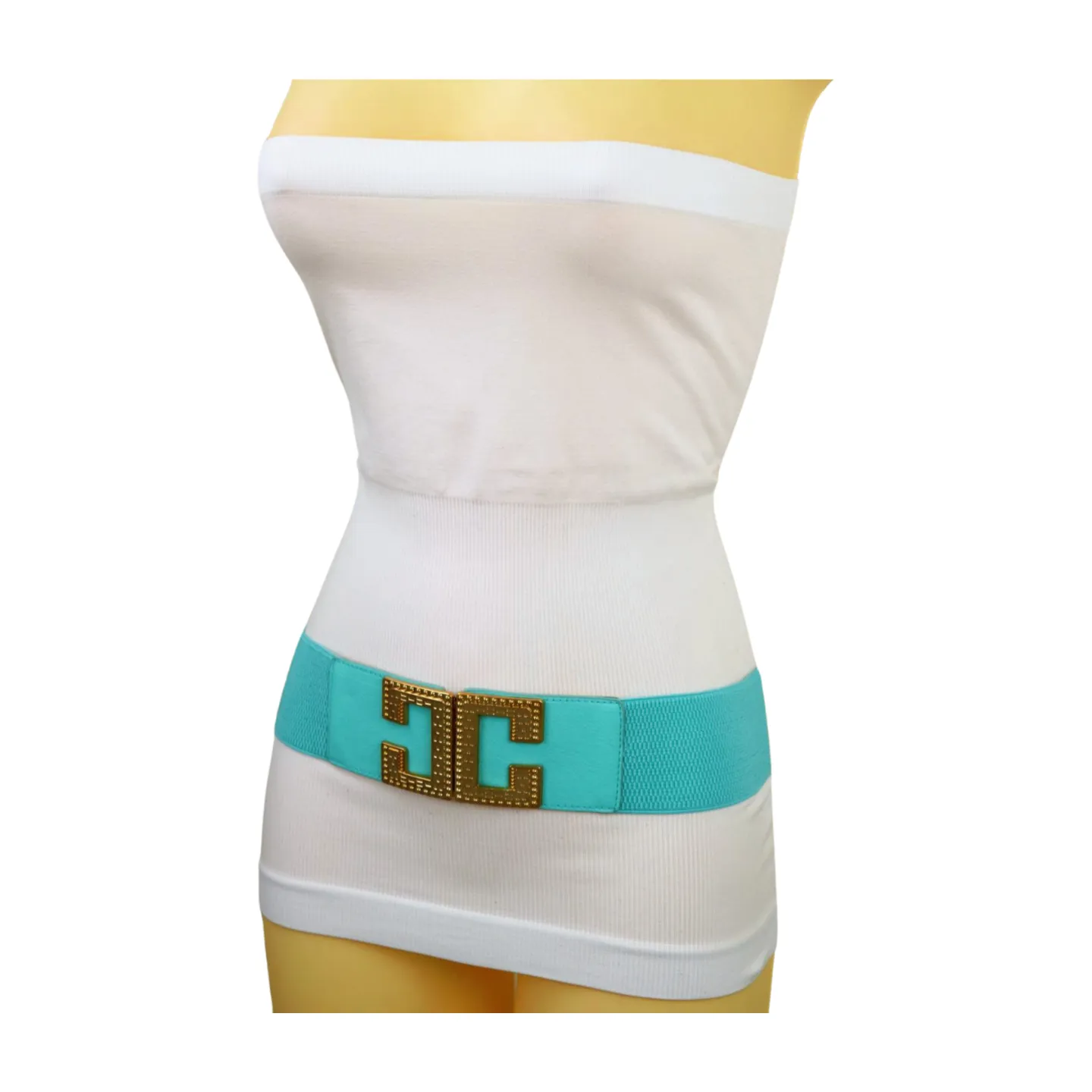Women Mint Green Shade Elastic Wide Belt Metal C Buckle Adjustable Size S M