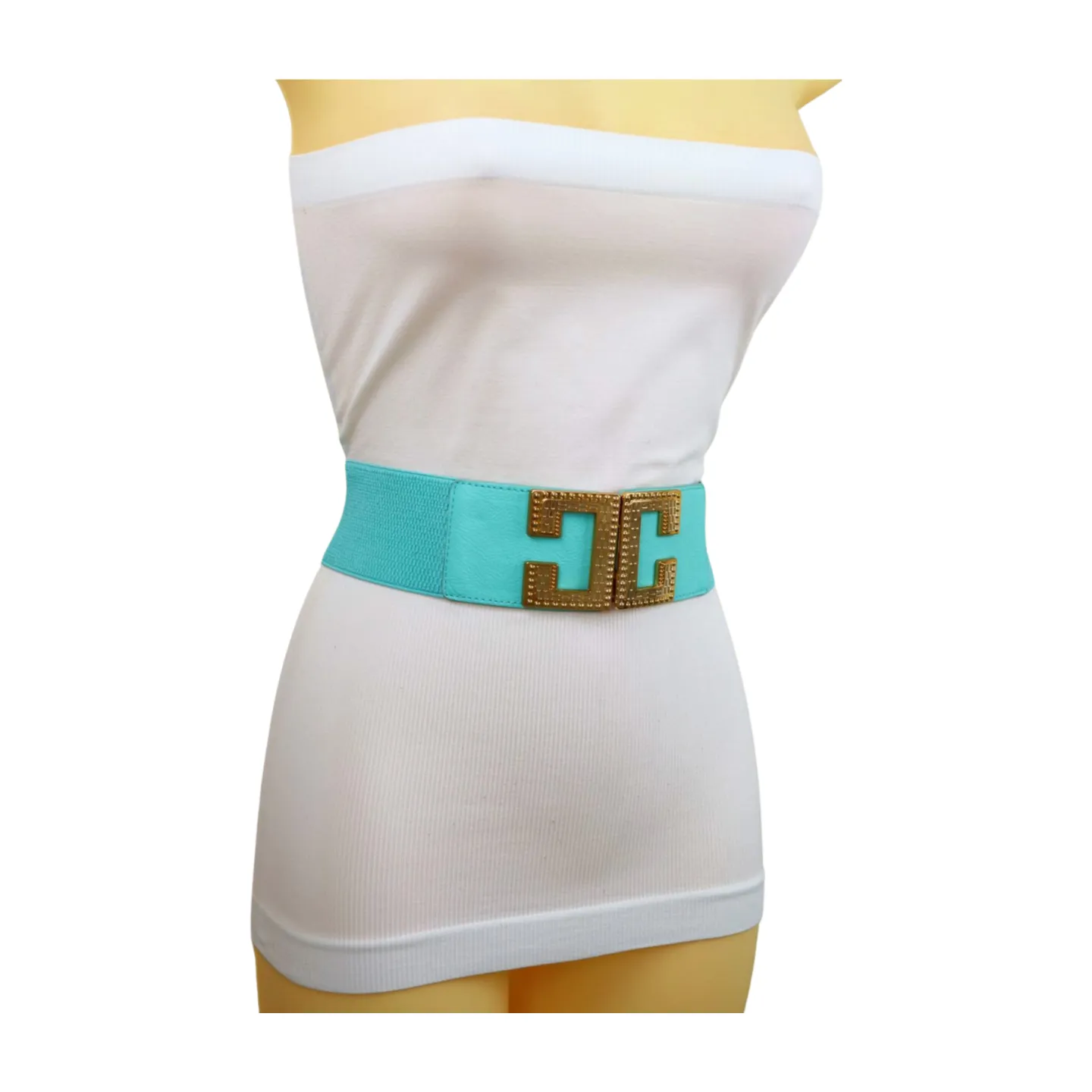 Women Mint Green Shade Elastic Wide Belt Metal C Buckle Adjustable Size S M