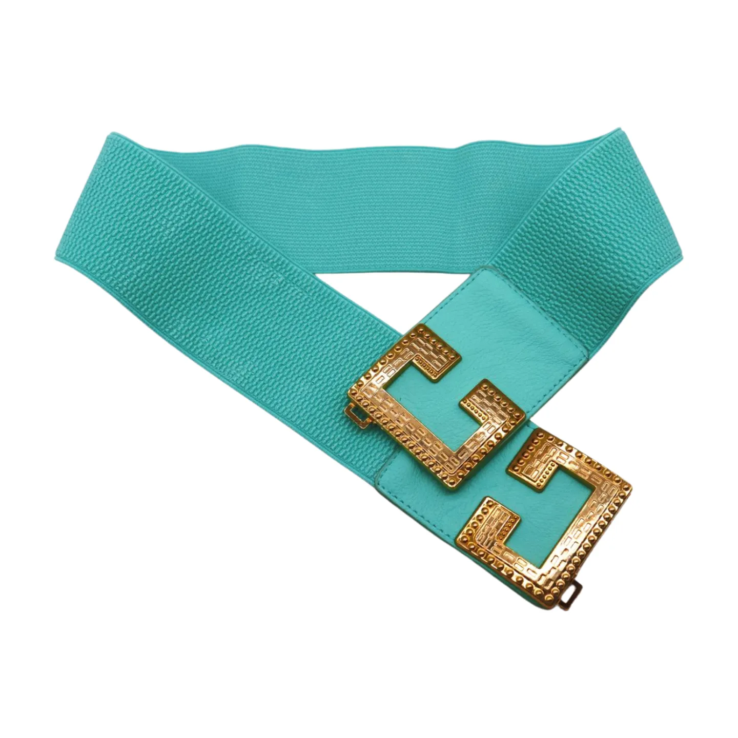 Women Mint Green Shade Elastic Wide Belt Metal C Buckle Adjustable Size S M